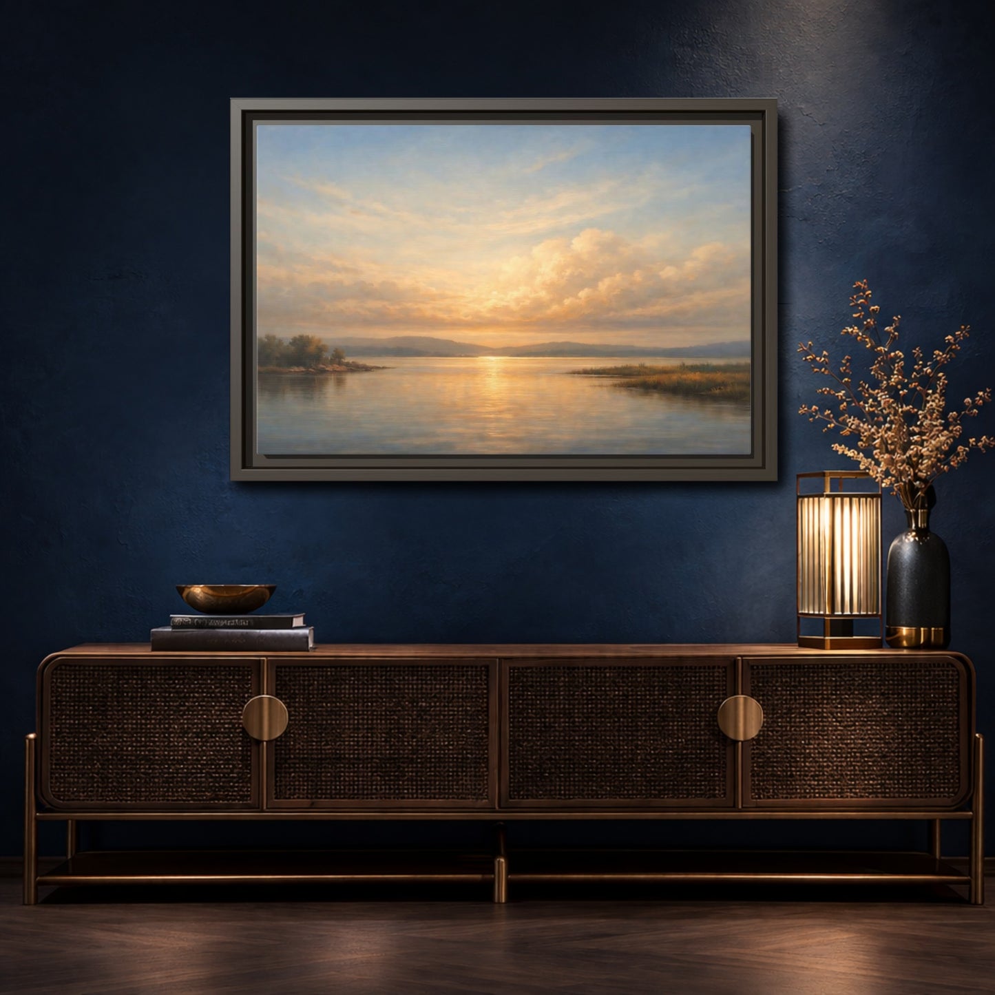 Mockup 4. Nature Lake Sunset Golden Sunset Landscape shown as stretched canvas wall art