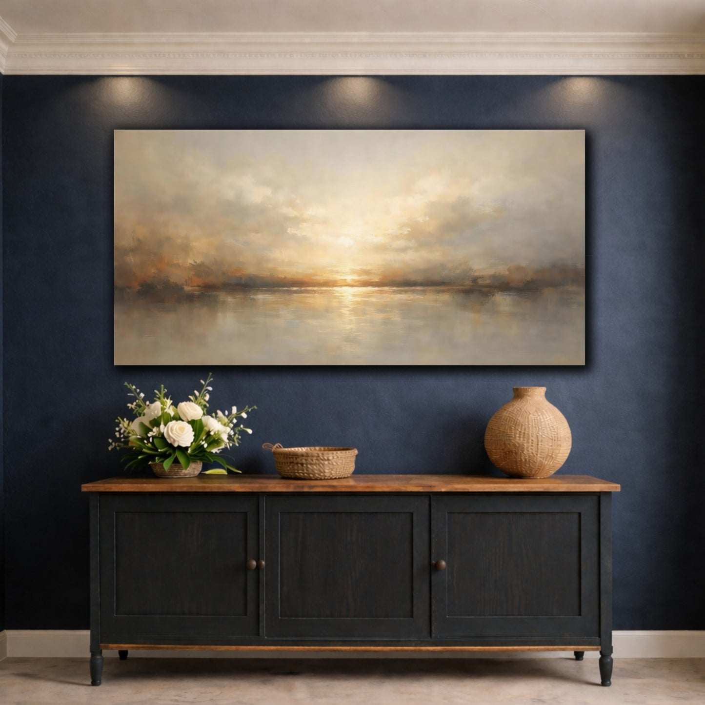 Mockup 4. Nature Lake Sunset Golden Sunset Landscape shown as stretched canvas wall art