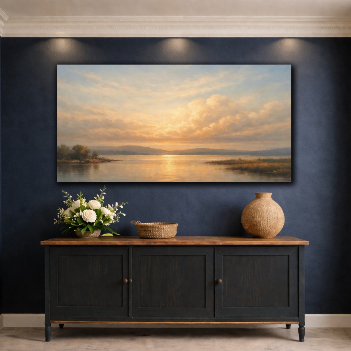 Mockup 4. Nature Lake Sunset Golden Sunset Landscape shown as stretched canvas wall art