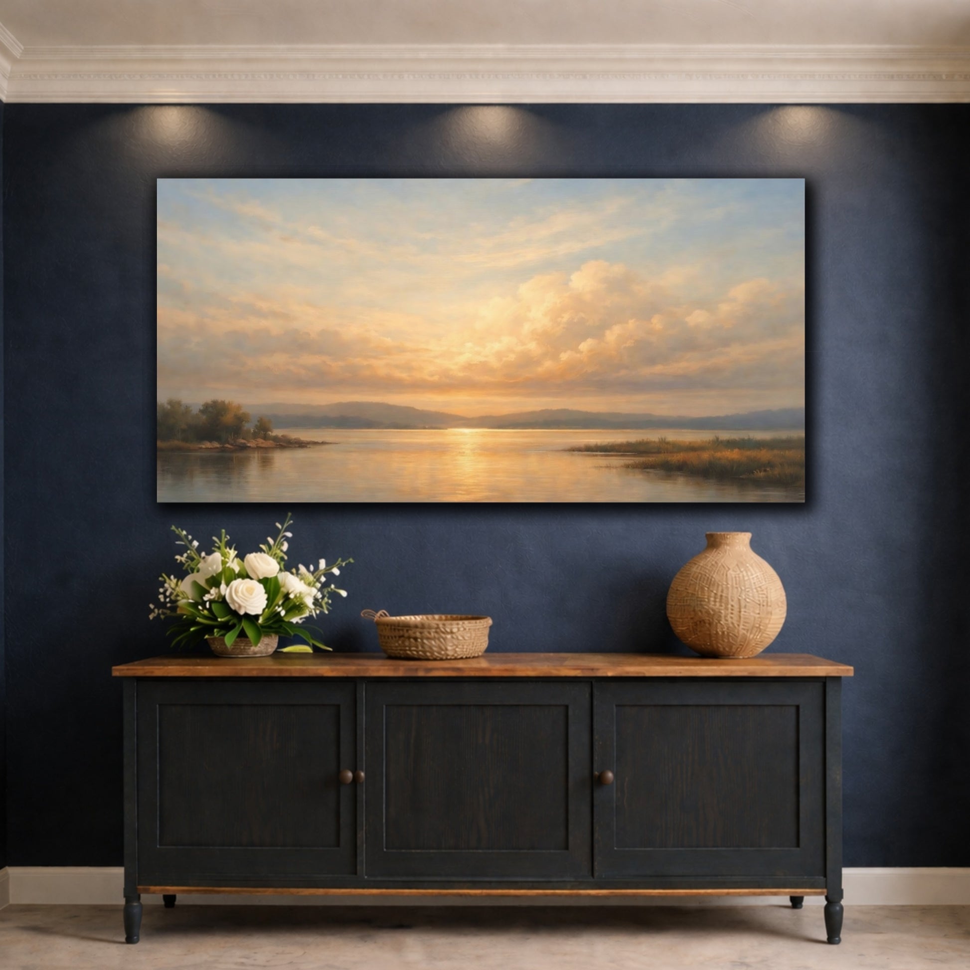 Mockup 4. Nature Lake Sunset Golden Sunset Landscape shown as stretched canvas wall art