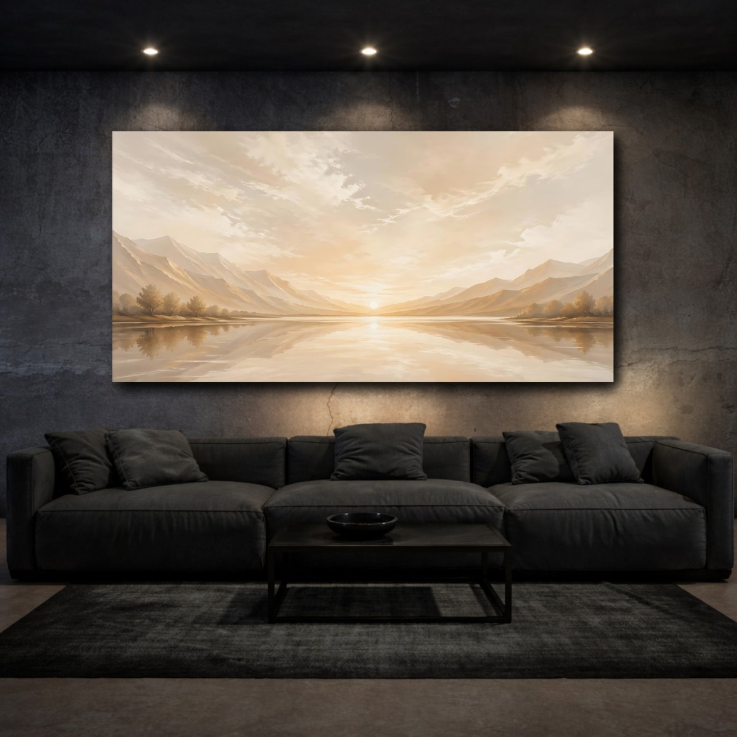 Mockup 2. Nature Lake Sunset Golden Sunset shown as stretched canvas wall art