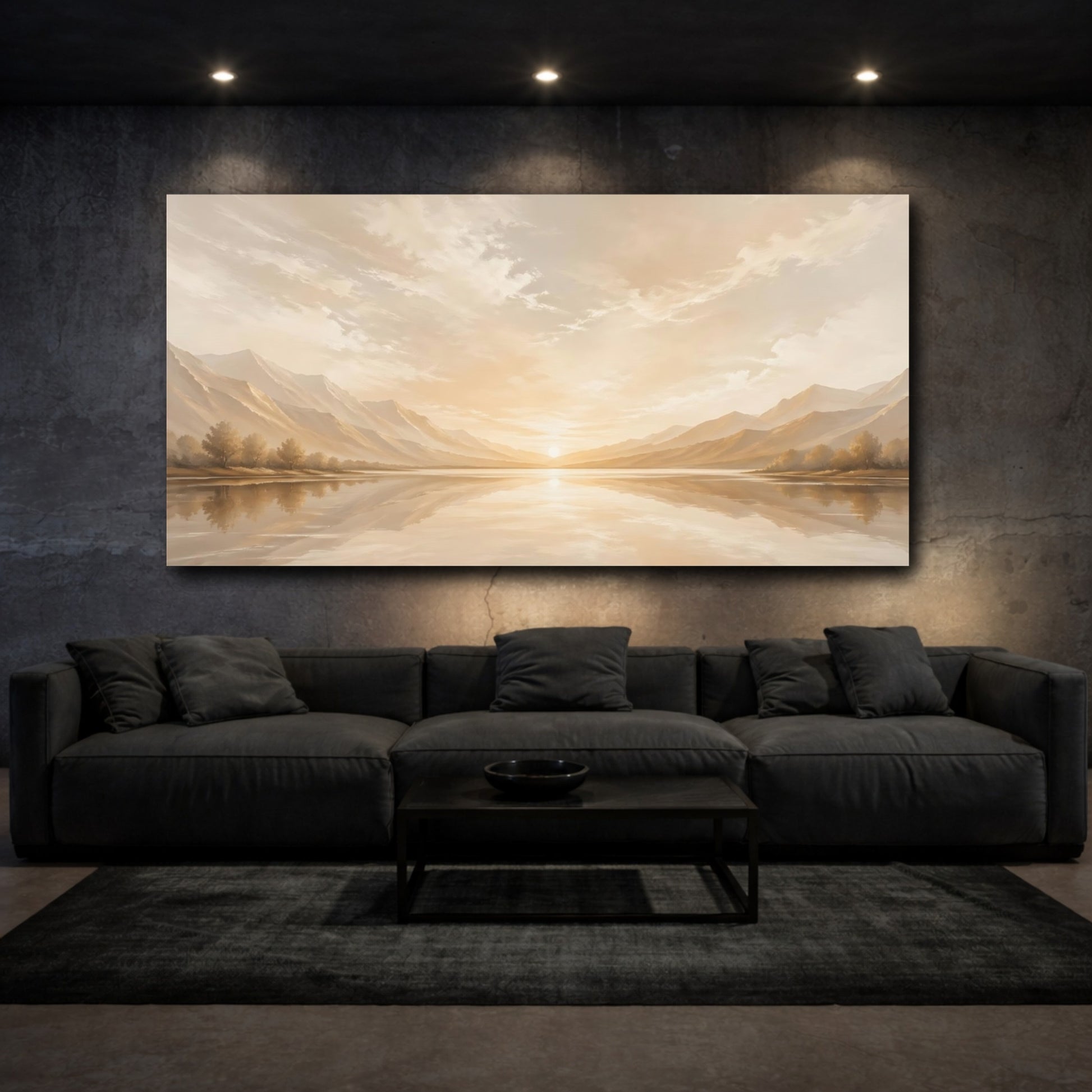 Mockup 2. Nature Lake Sunset Golden Sunset shown as stretched canvas wall art