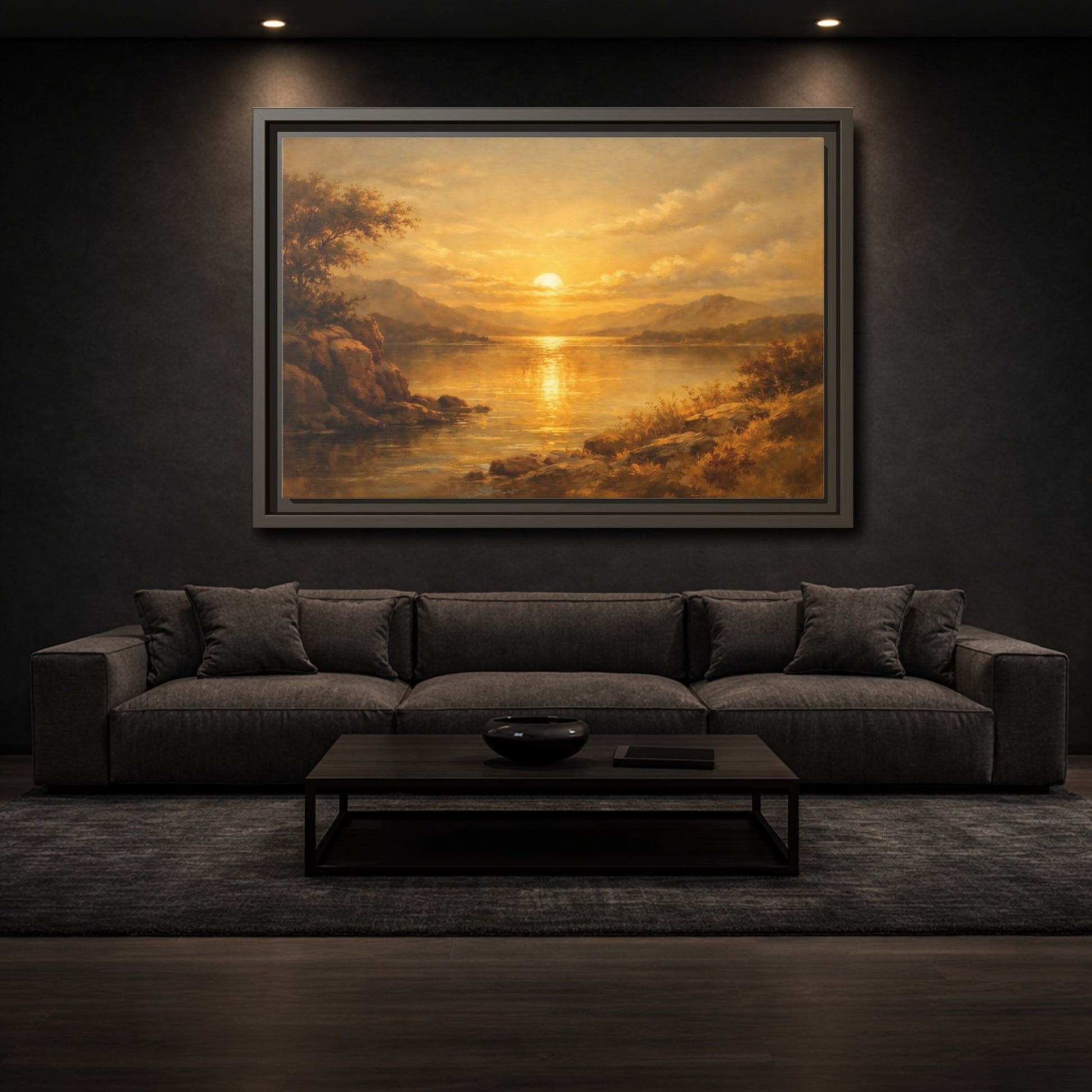 Mockup 2. Nature Lake Sunset Golden Sunset shown as stretched canvas wall art