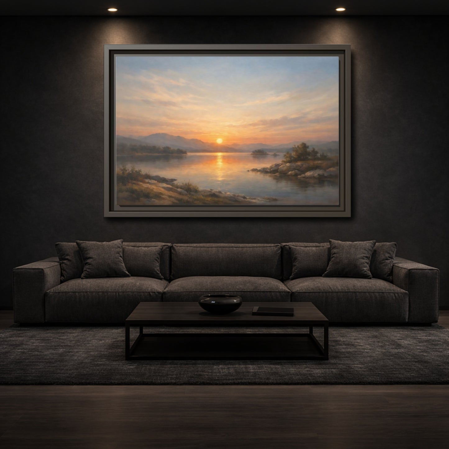 Mockup 2. Nature Lake Sunset Golden Sunset shown as stretched canvas wall art