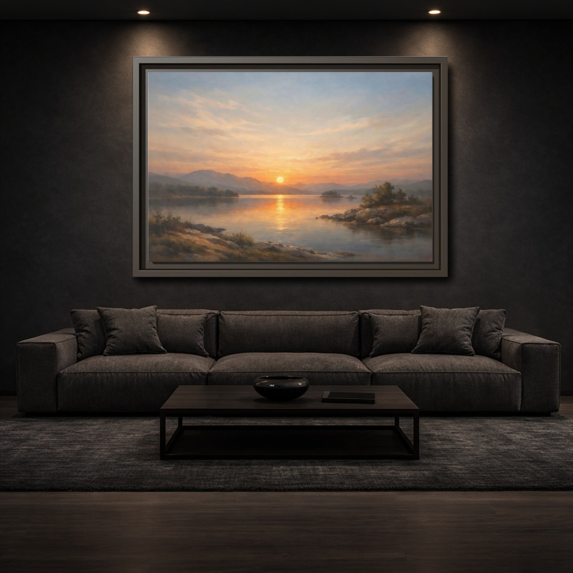 Mockup 2. Nature Lake Sunset Golden Sunset shown as stretched canvas wall art