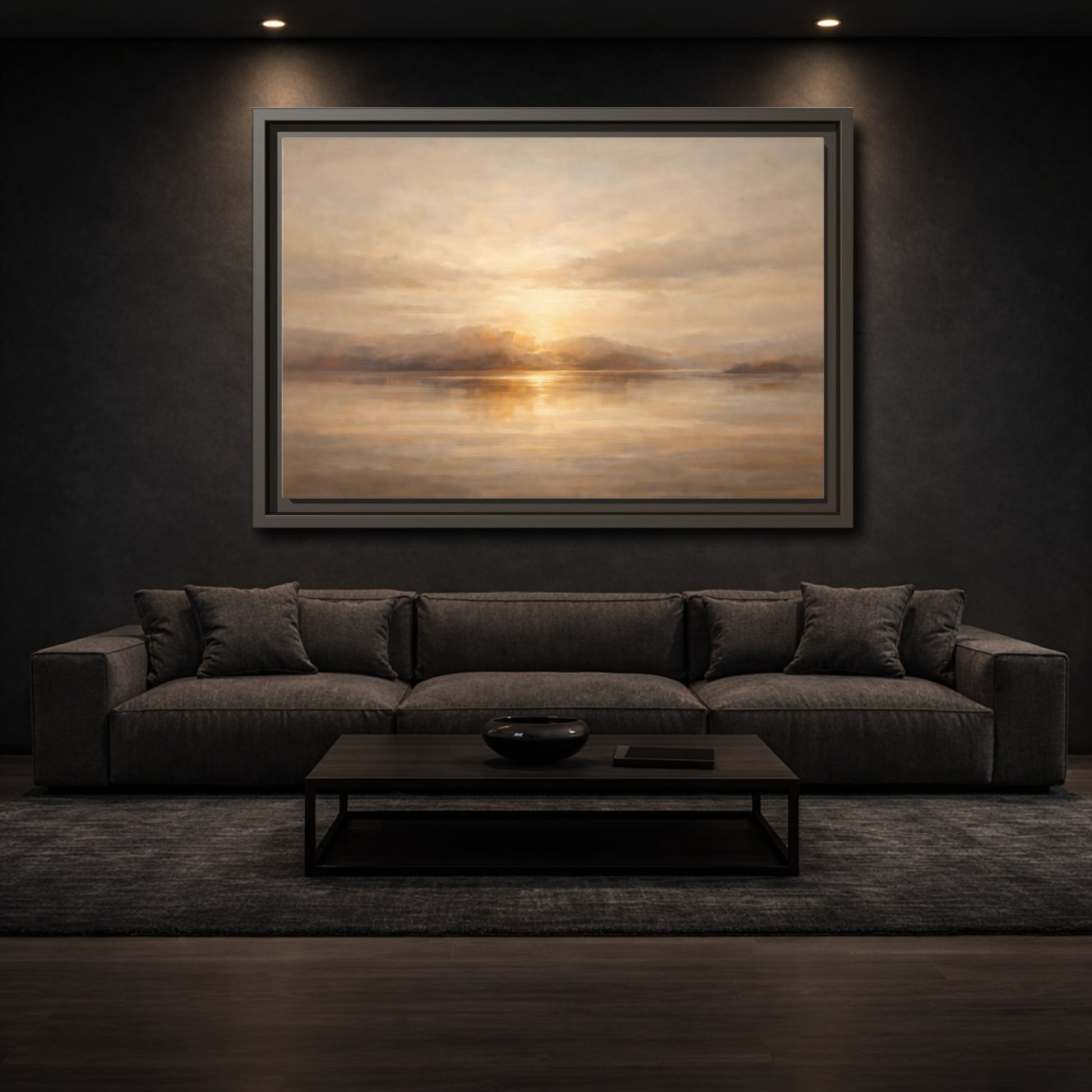 Mockup 2. Nature Lake Sunset Golden Sunset shown as stretched canvas wall art