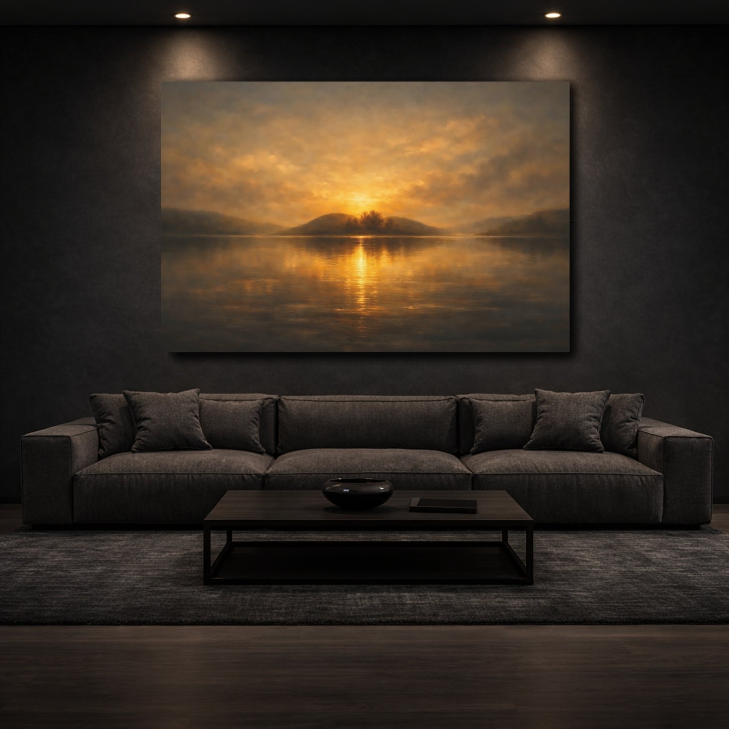 Mockup 2. Nature Lake Sunset Golden Sunset shown as stretched canvas wall art