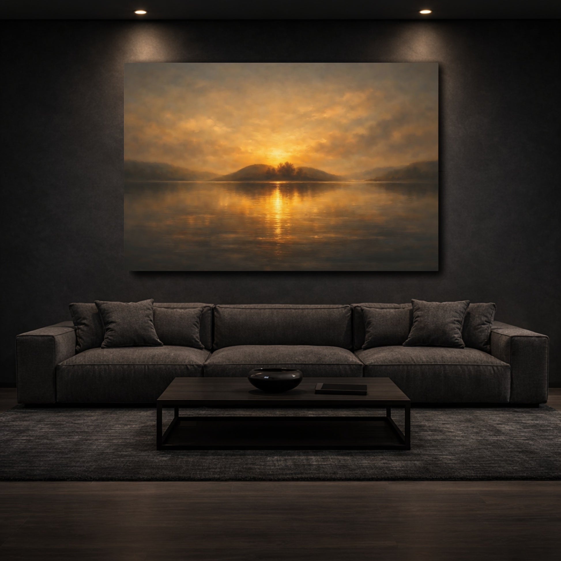 Mockup 2. Nature Lake Sunset Golden Sunset shown as stretched canvas wall art