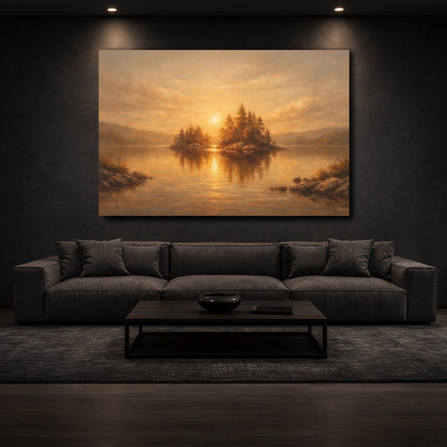 Mockup 2. Nature Lake Sunset Golden Sunset shown as stretched canvas wall art