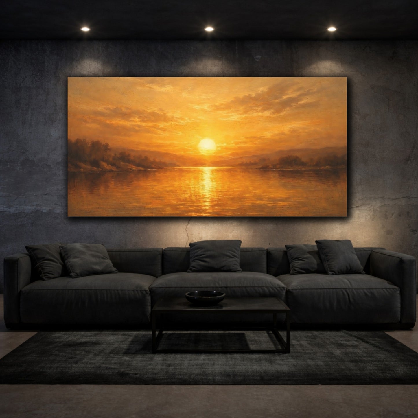 Mockup 2. Nature Lake Sunset Golden Sunset shown as stretched canvas wall art