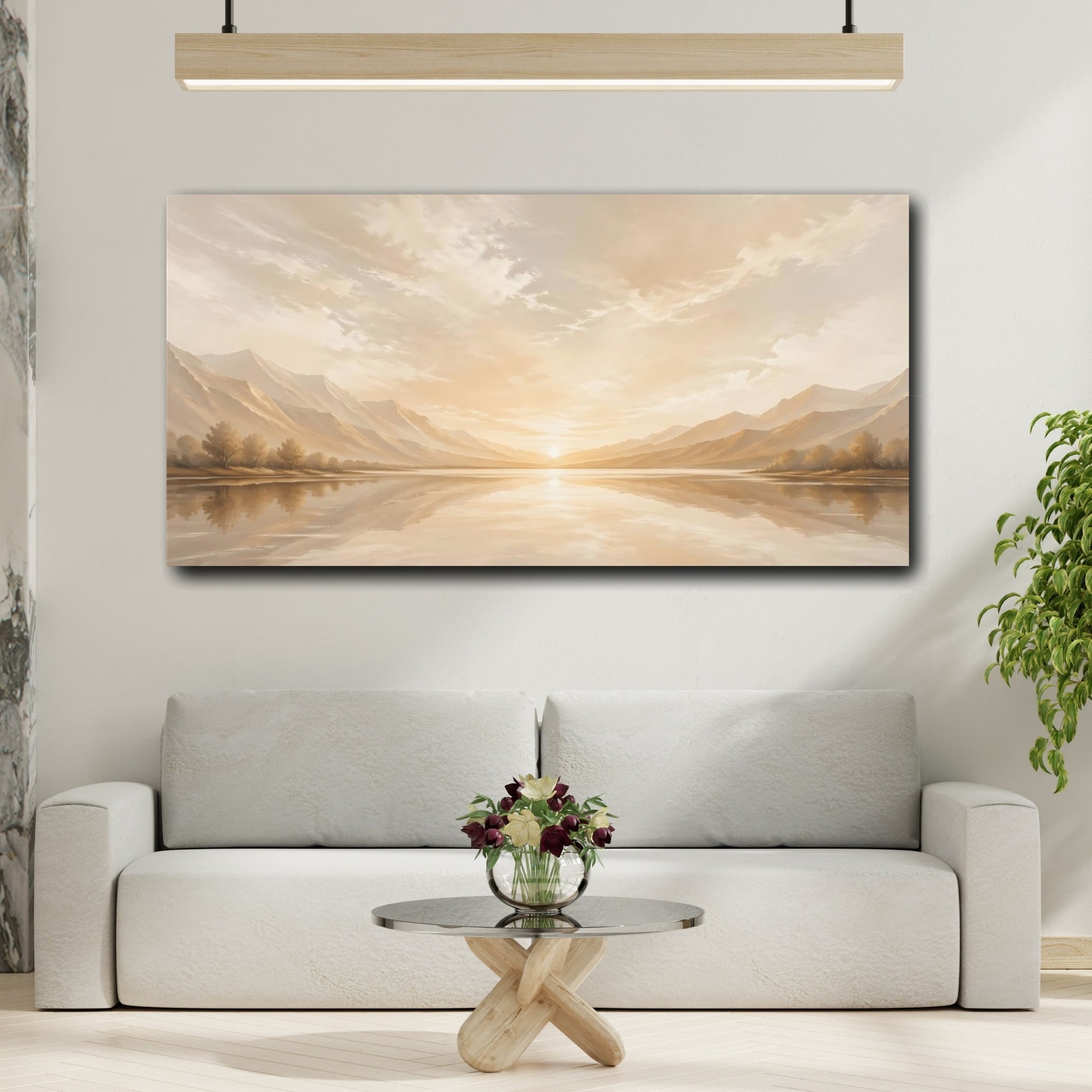 Mockup 3. Nature Lake Sunset Golden Sunset shown as stretched canvas wall art