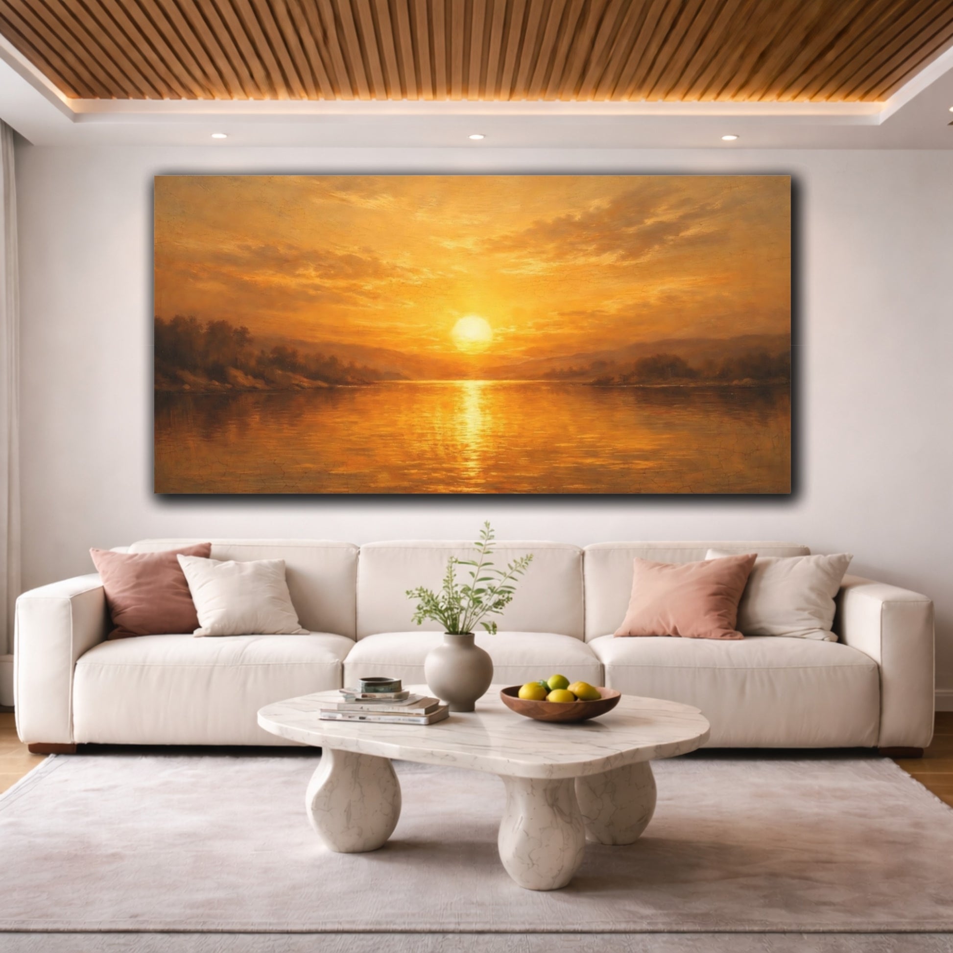 Mockup 3. Nature Lake Sunset Golden Sunset shown as stretched canvas wall art