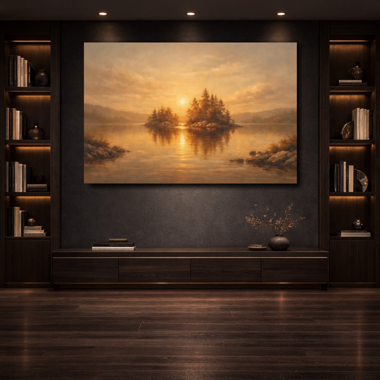 Mockup 3. Nature Lake Sunset Golden Sunset shown as stretched canvas wall art