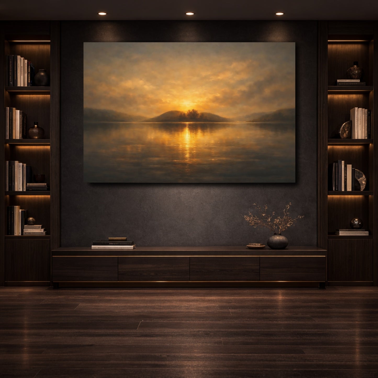 Mockup 3. Nature Lake Sunset Golden Sunset shown as stretched canvas wall art