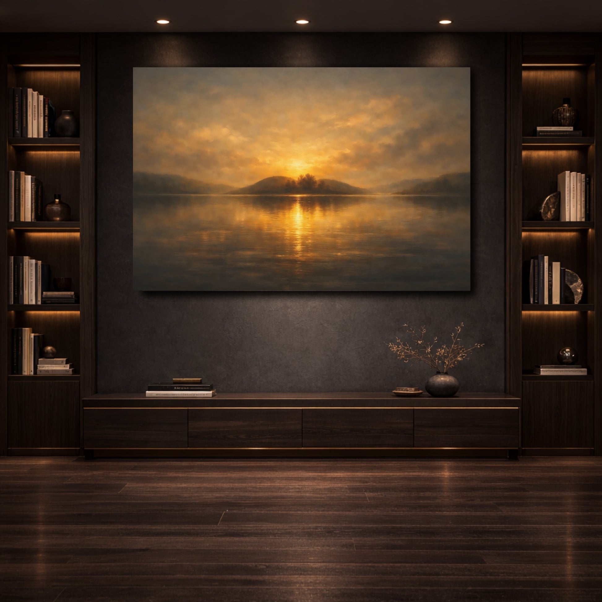 Mockup 3. Nature Lake Sunset Golden Sunset shown as stretched canvas wall art
