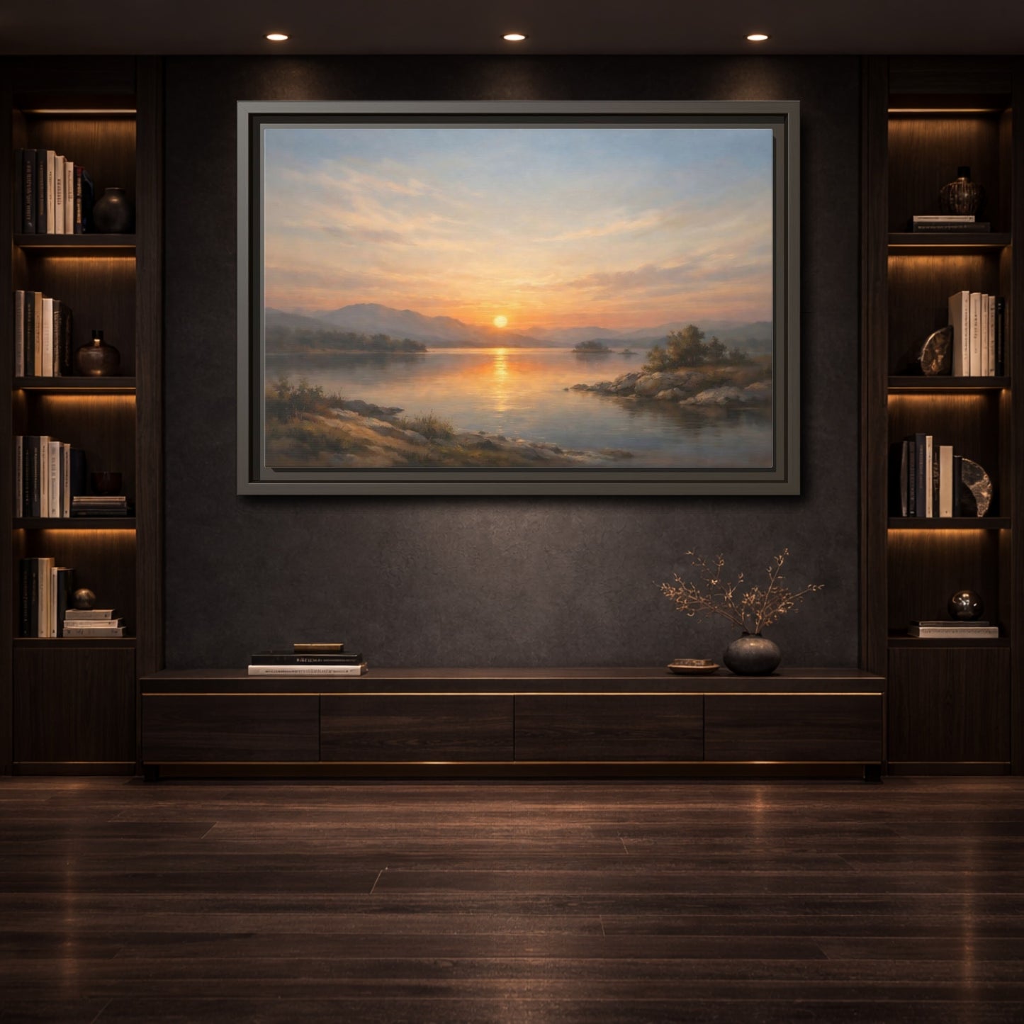 Mockup 3. Nature Lake Sunset Golden Sunset shown as stretched canvas wall art
