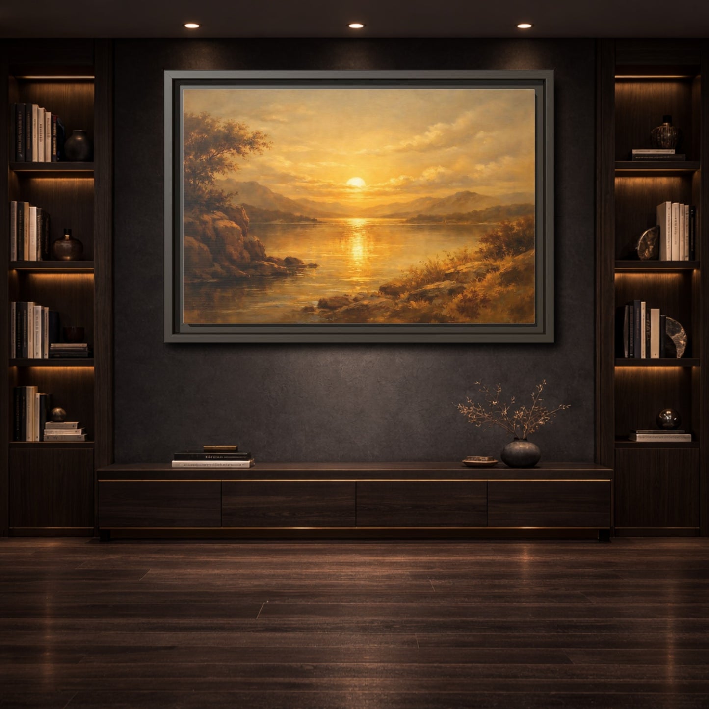 Mockup 3. Nature Lake Sunset Golden Sunset shown as stretched canvas wall art
