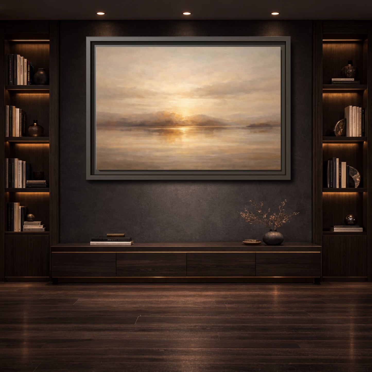 Mockup 3. Nature Lake Sunset Golden Sunset shown as stretched canvas wall art