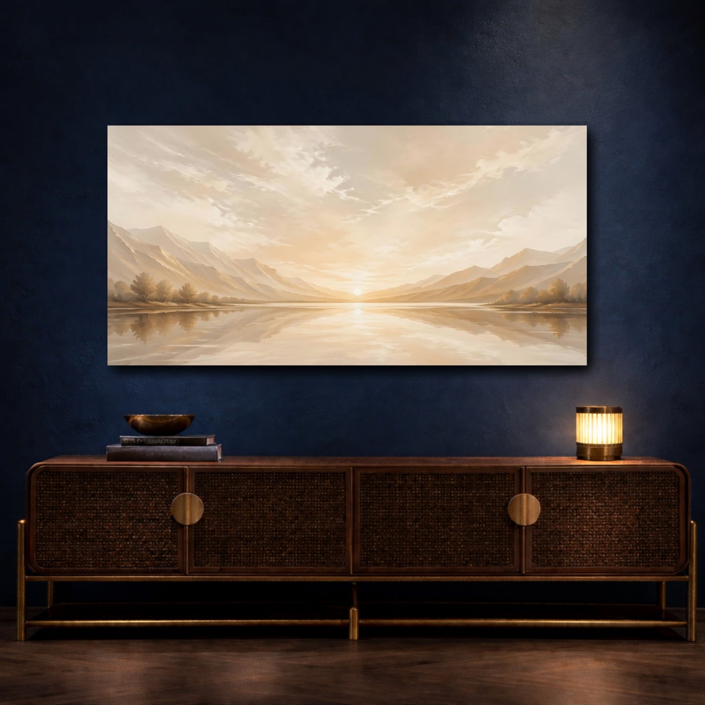 Mockup 4. Nature Lake Sunset Golden Sunset shown as stretched canvas wall art