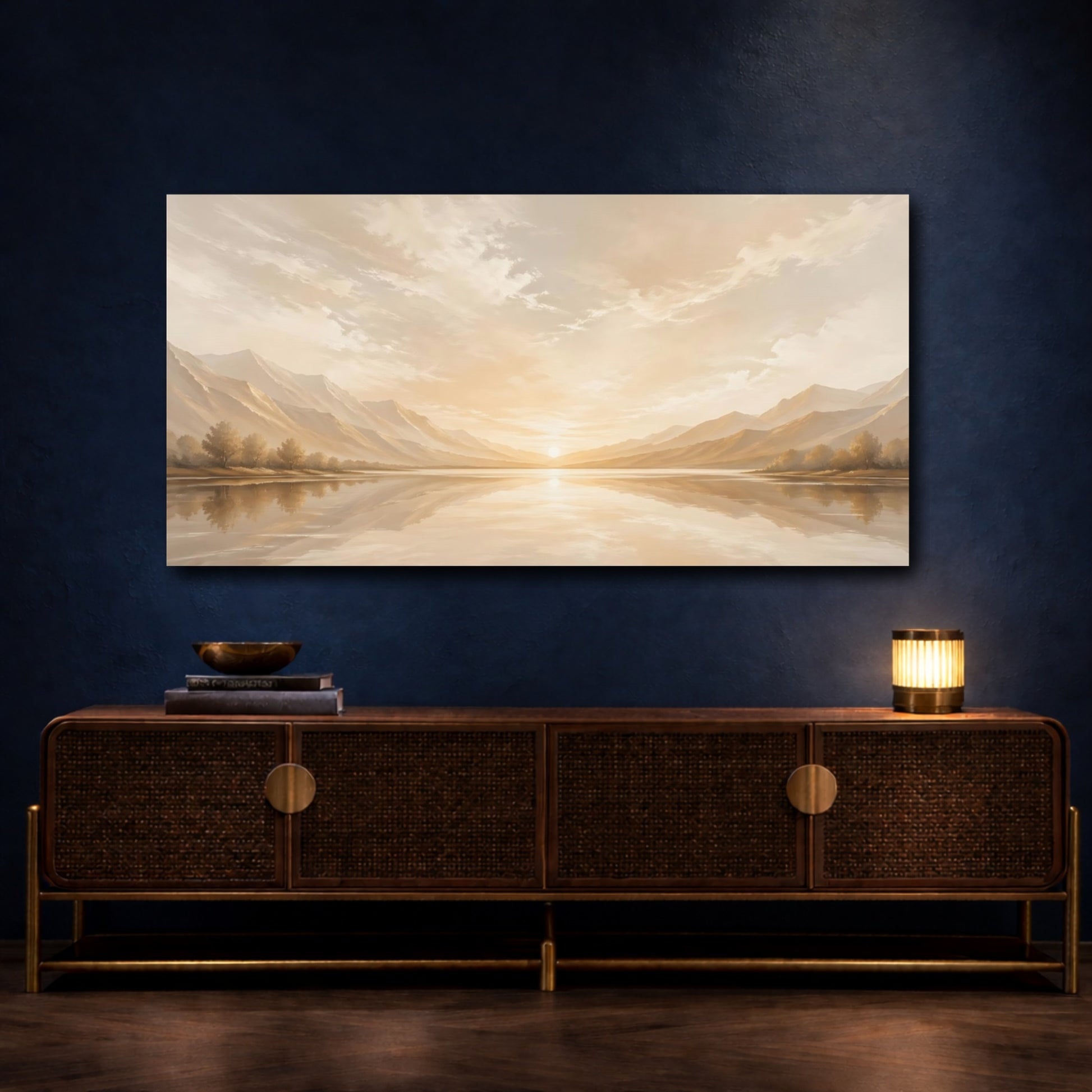 Mockup 4. Nature Lake Sunset Golden Sunset shown as stretched canvas wall art
