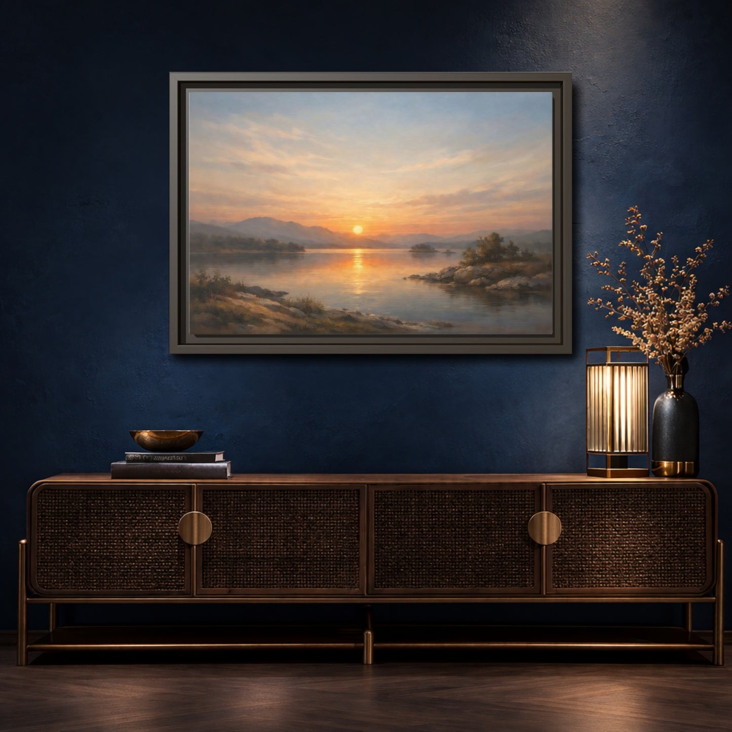 Mockup 4. Nature Lake Sunset Golden Sunset shown as stretched canvas wall art