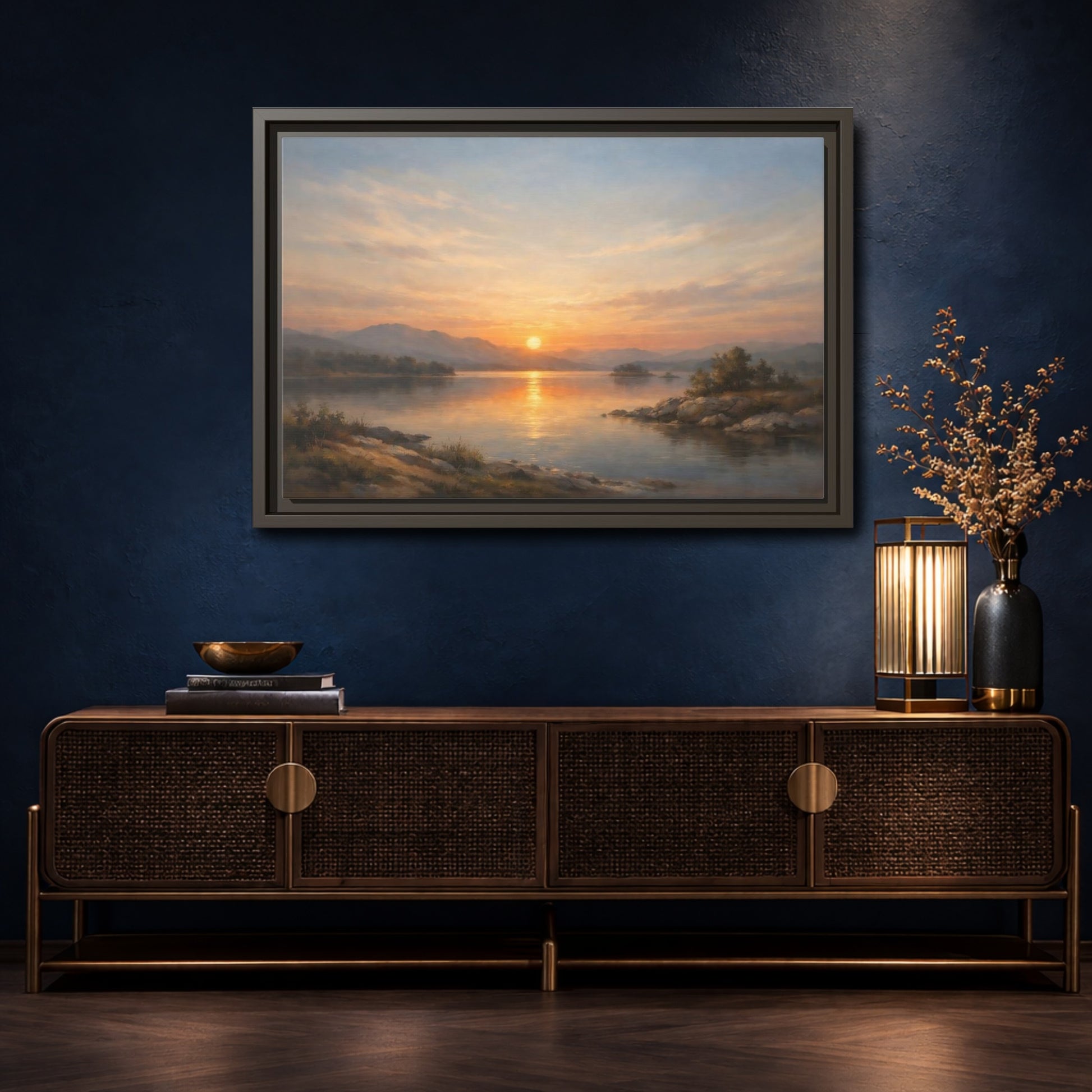 Mockup 4. Nature Lake Sunset Golden Sunset shown as stretched canvas wall art