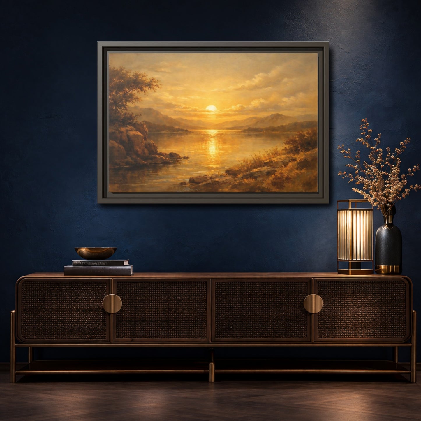 Mockup 4. Nature Lake Sunset Golden Sunset shown as stretched canvas wall art