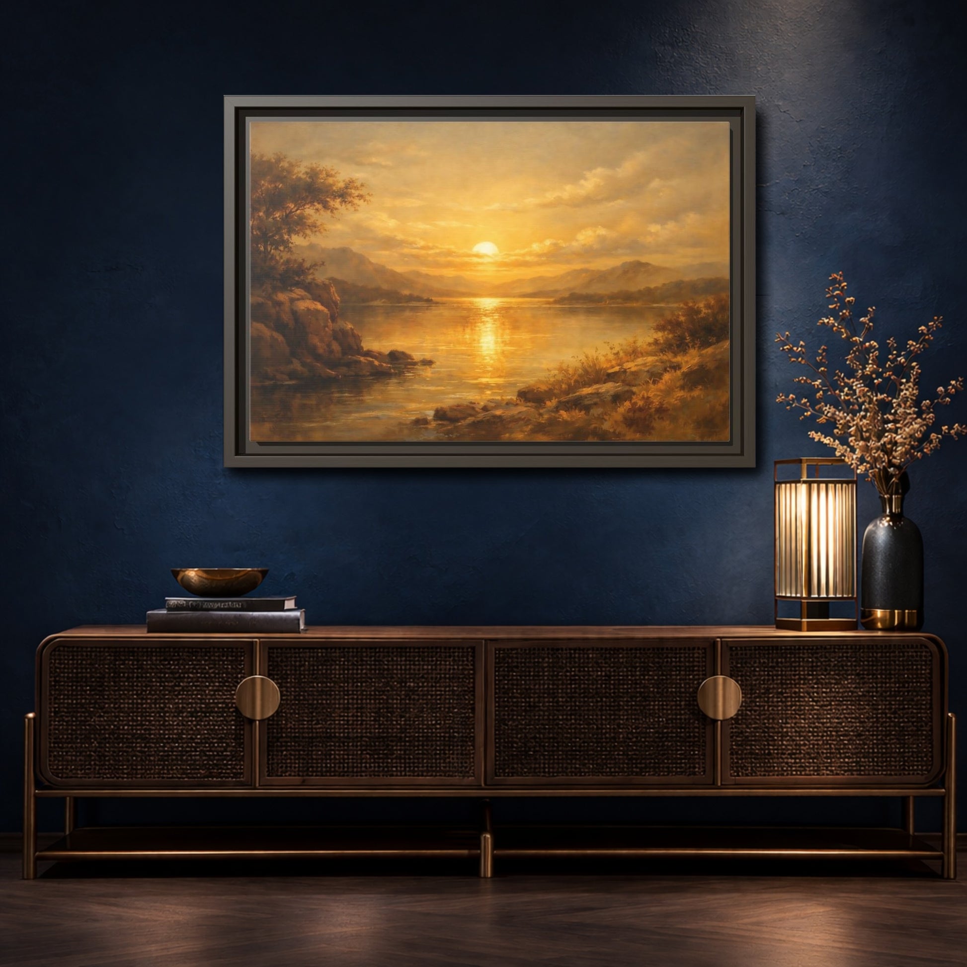 Mockup 4. Nature Lake Sunset Golden Sunset shown as stretched canvas wall art