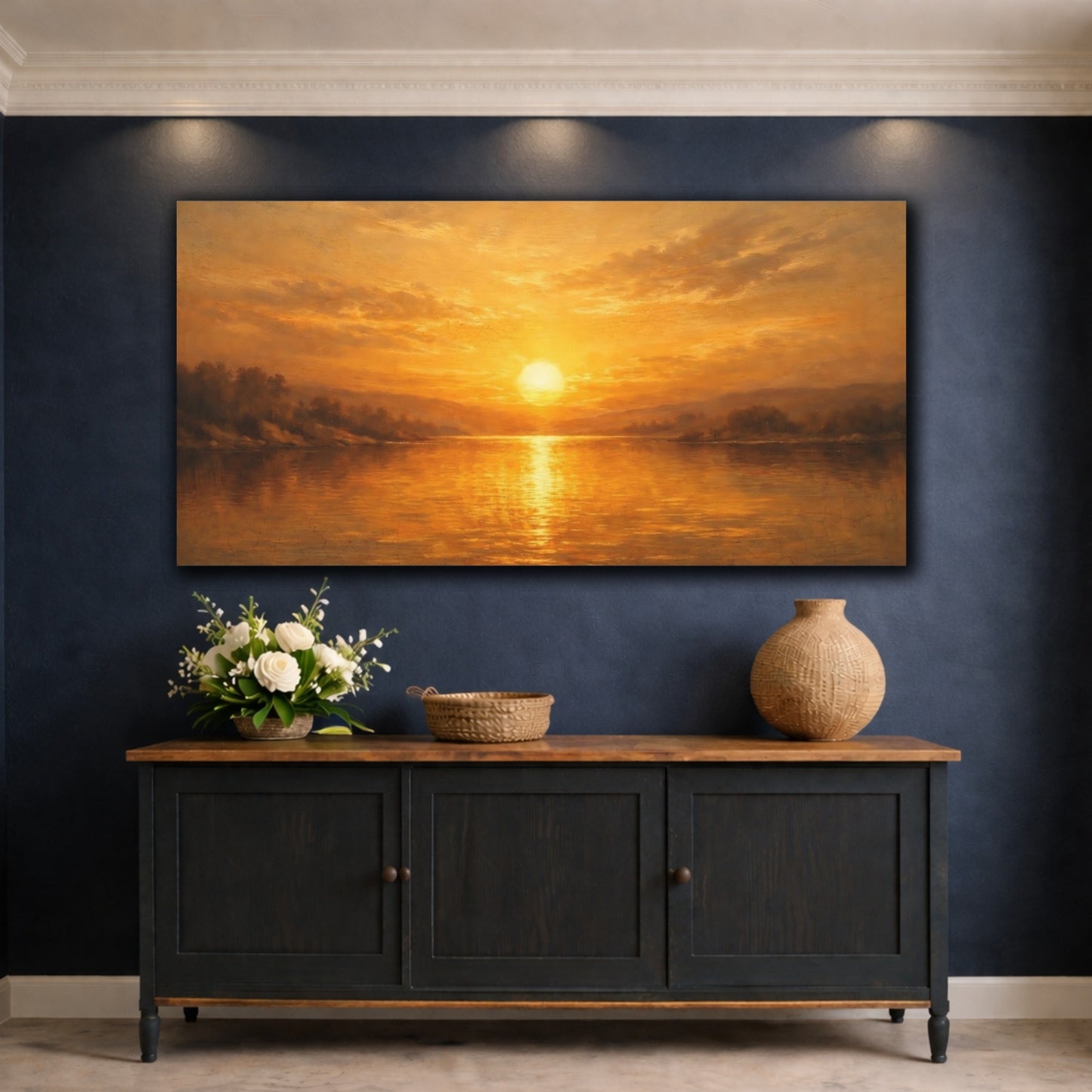 Mockup 4. Nature Lake Sunset Golden Sunset shown as stretched canvas wall art