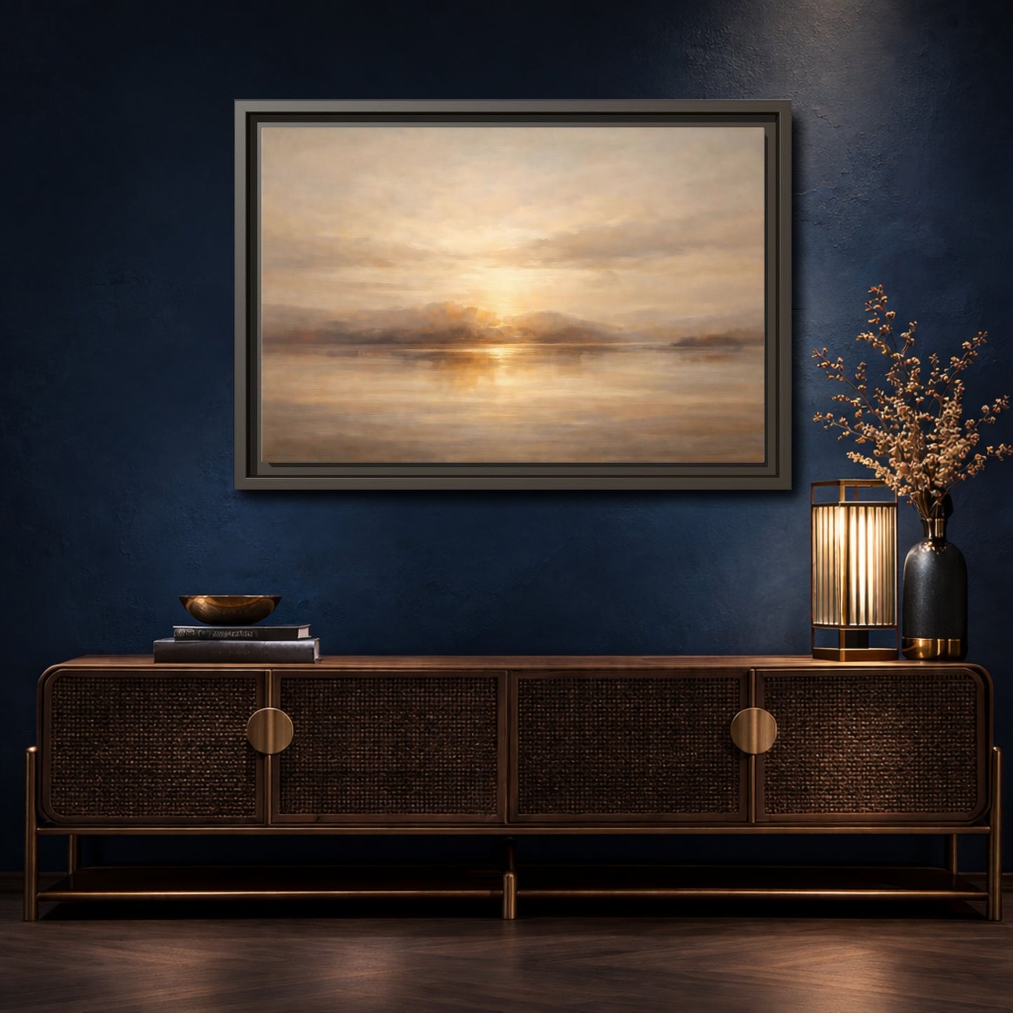 Mockup 4. Nature Lake Sunset Golden Sunset shown as stretched canvas wall art