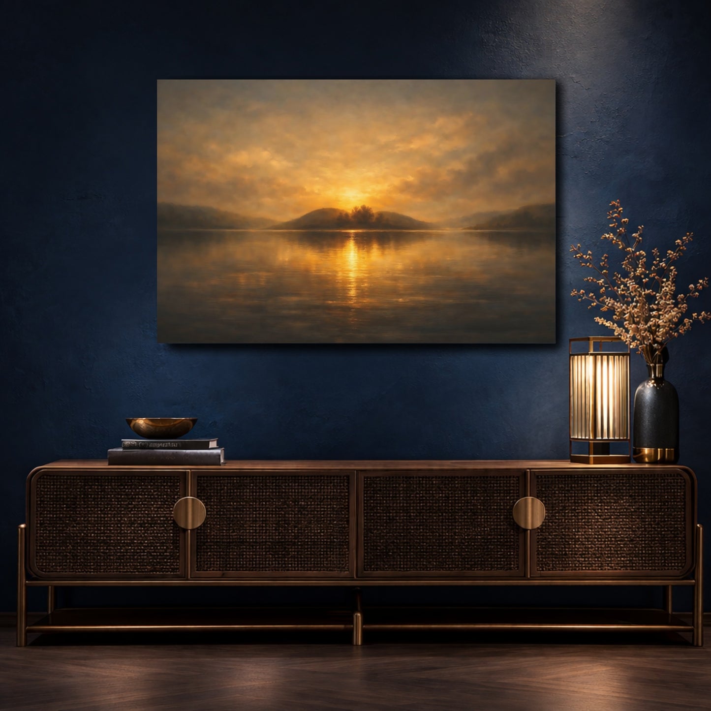 Mockup 4. Nature Lake Sunset Golden Sunset shown as stretched canvas wall art