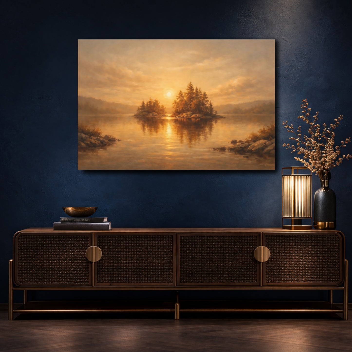 Mockup 4. Nature Lake Sunset Golden Sunset shown as stretched canvas wall art