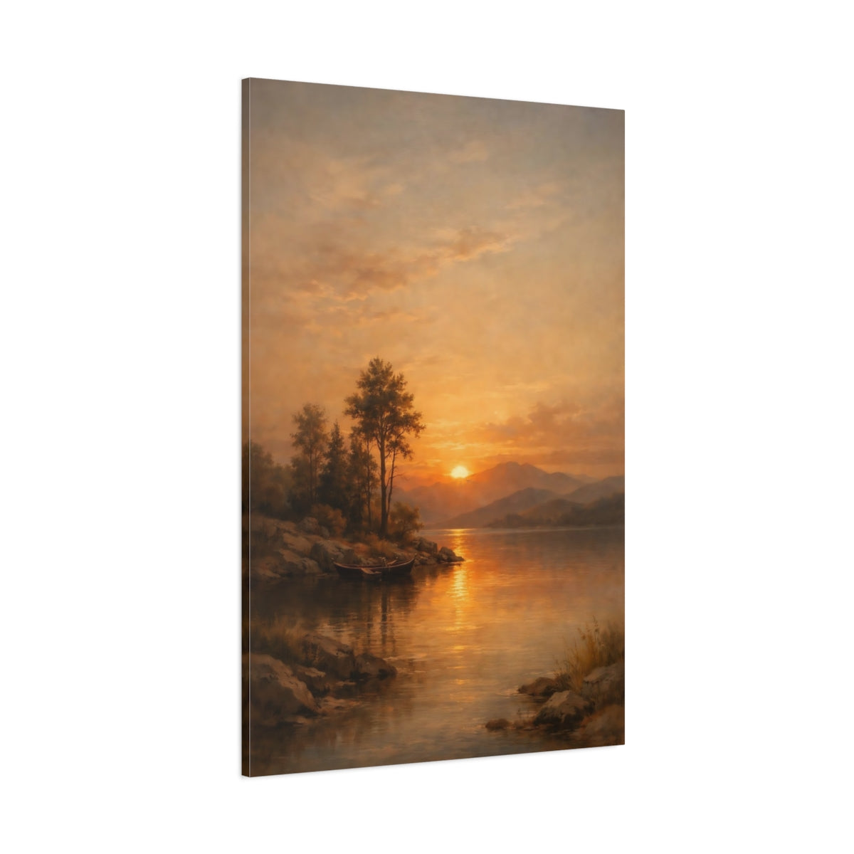 Main Mockup. Nature Lake Sunset Orange And Gold Sunset shown as stretched canvas wall art