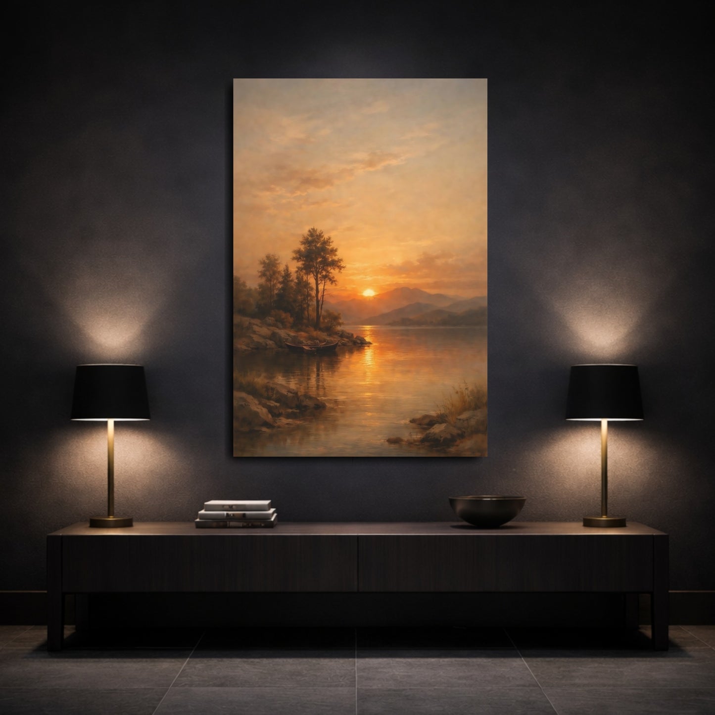 Mockup 2. Nature Lake Sunset Orange And Gold Sunset shown as stretched canvas wall art