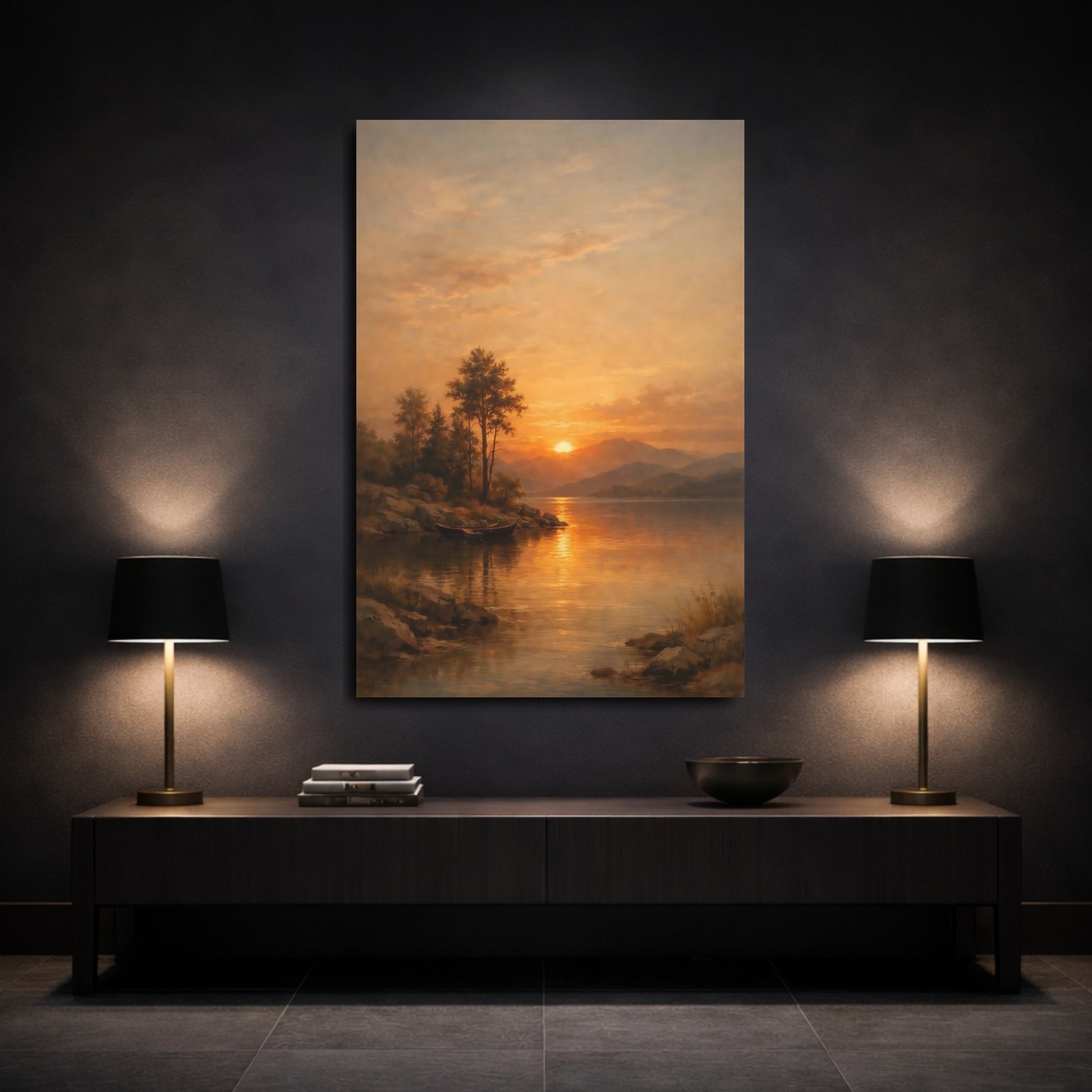 Mockup 2. Nature Lake Sunset Orange And Gold Sunset shown as stretched canvas wall art