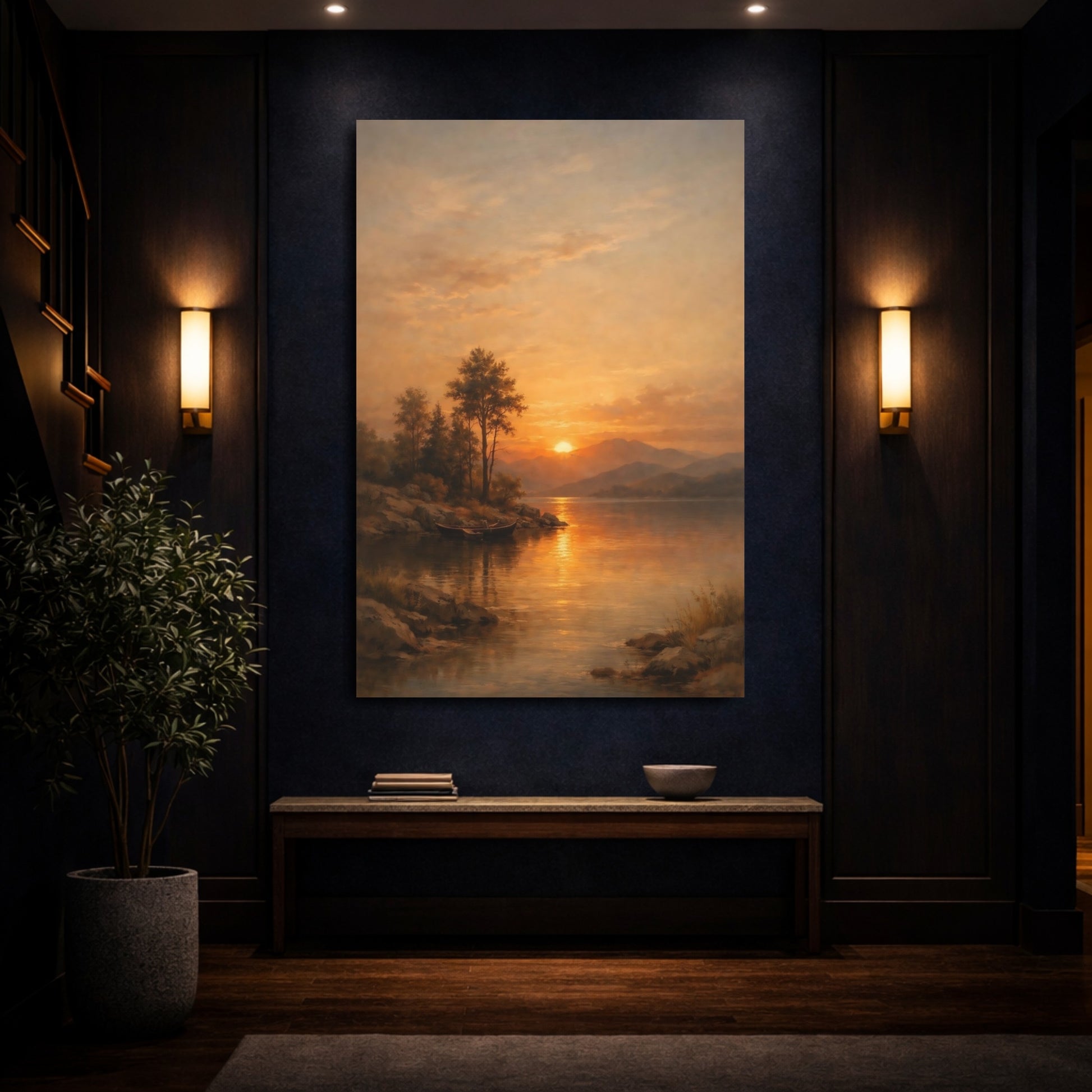Mockup 3. Nature Lake Sunset Orange And Gold Sunset shown as stretched canvas wall art