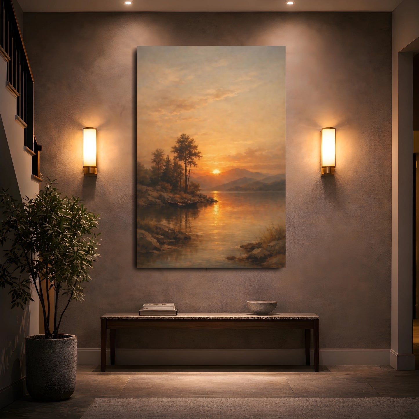 Mockup 4. Nature Lake Sunset Orange And Gold Sunset shown as stretched canvas wall art