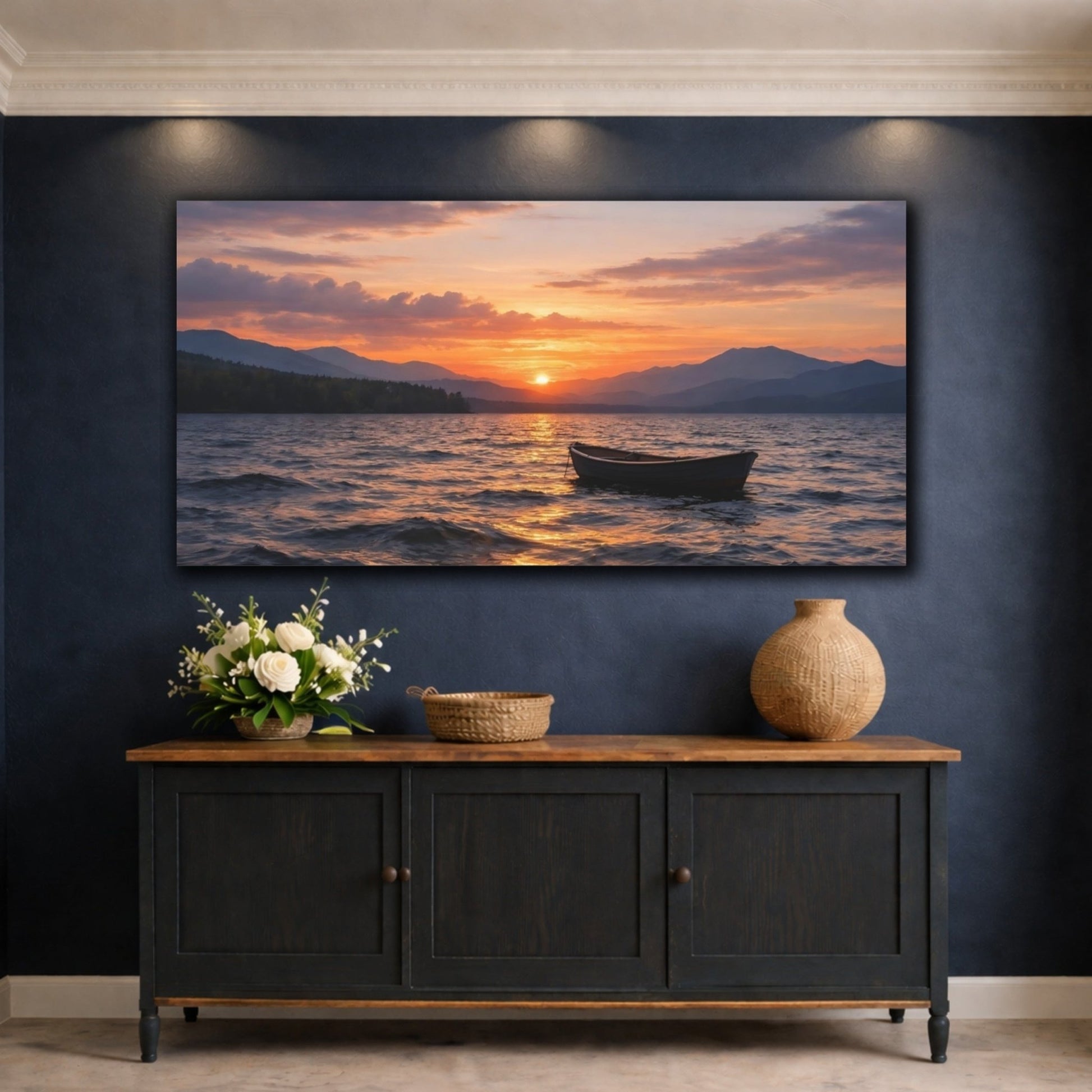 Nature Lake Sunset Orange Blue - Canvas Wall Art Print - YesArtYes