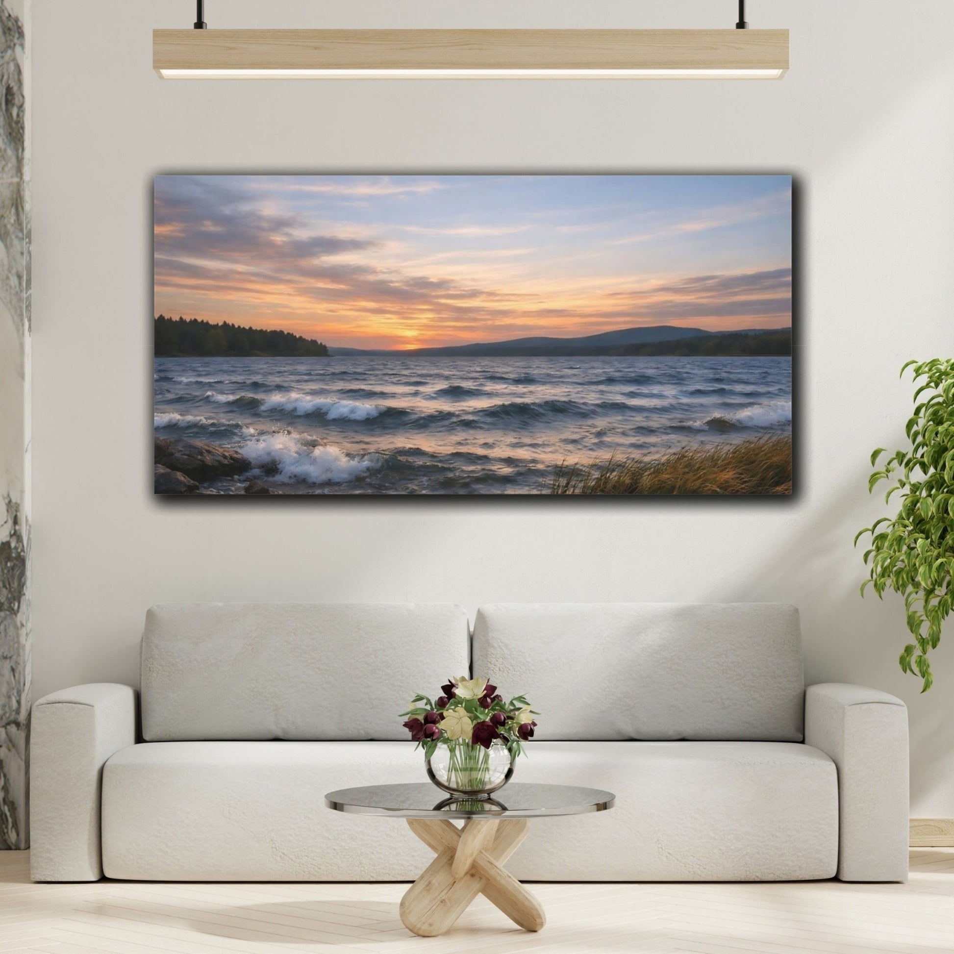 Nature Lake Sunset Orange Blue Landscape - Canvas Wall Art Print - YesArtYes