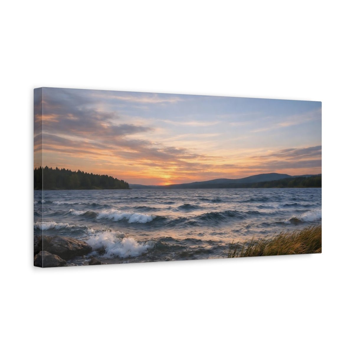 Nature Lake Sunset Orange Blue Landscape - Canvas Wall Art Print - YesArtYes