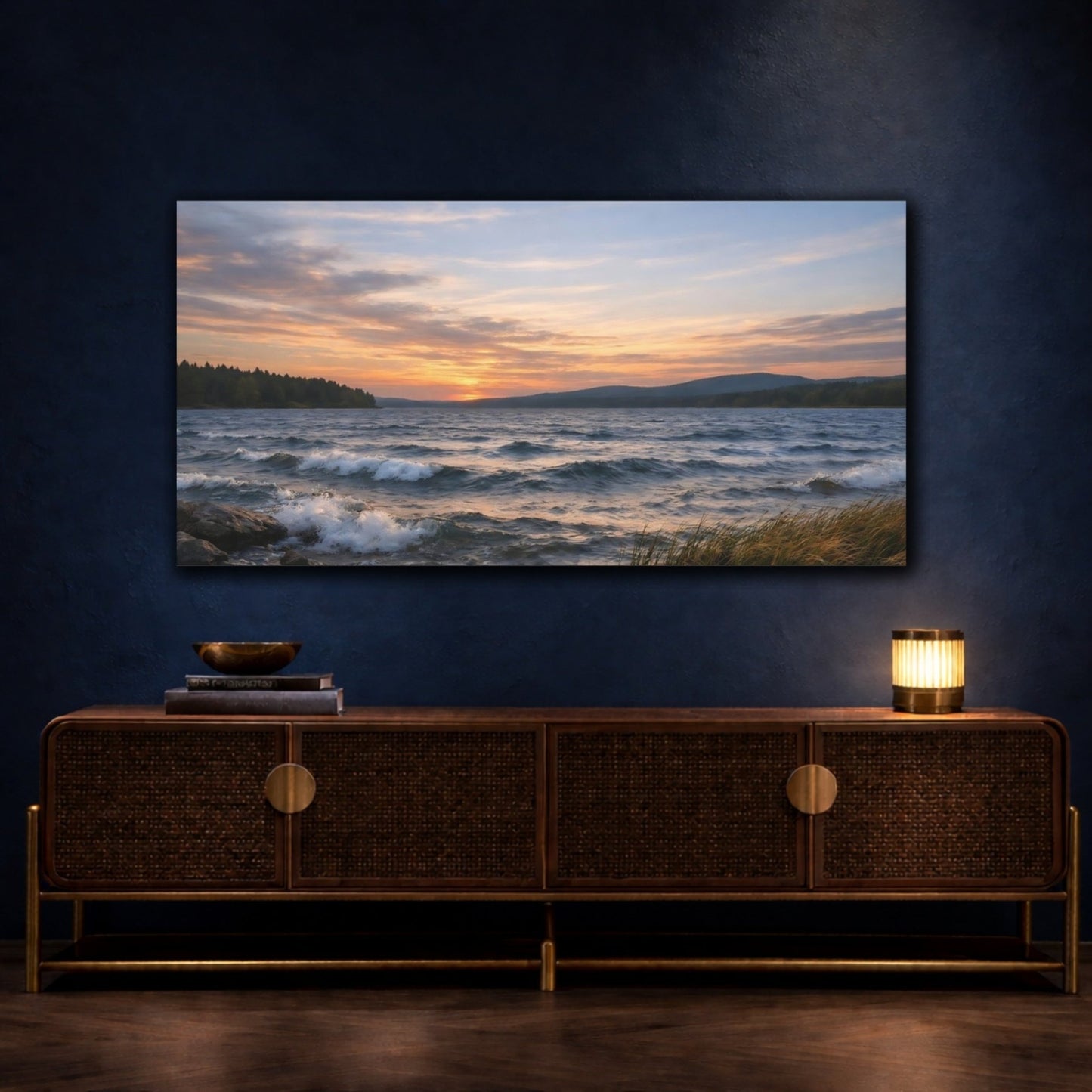 Nature Lake Sunset Orange Blue Landscape - Canvas Wall Art Print - YesArtYes