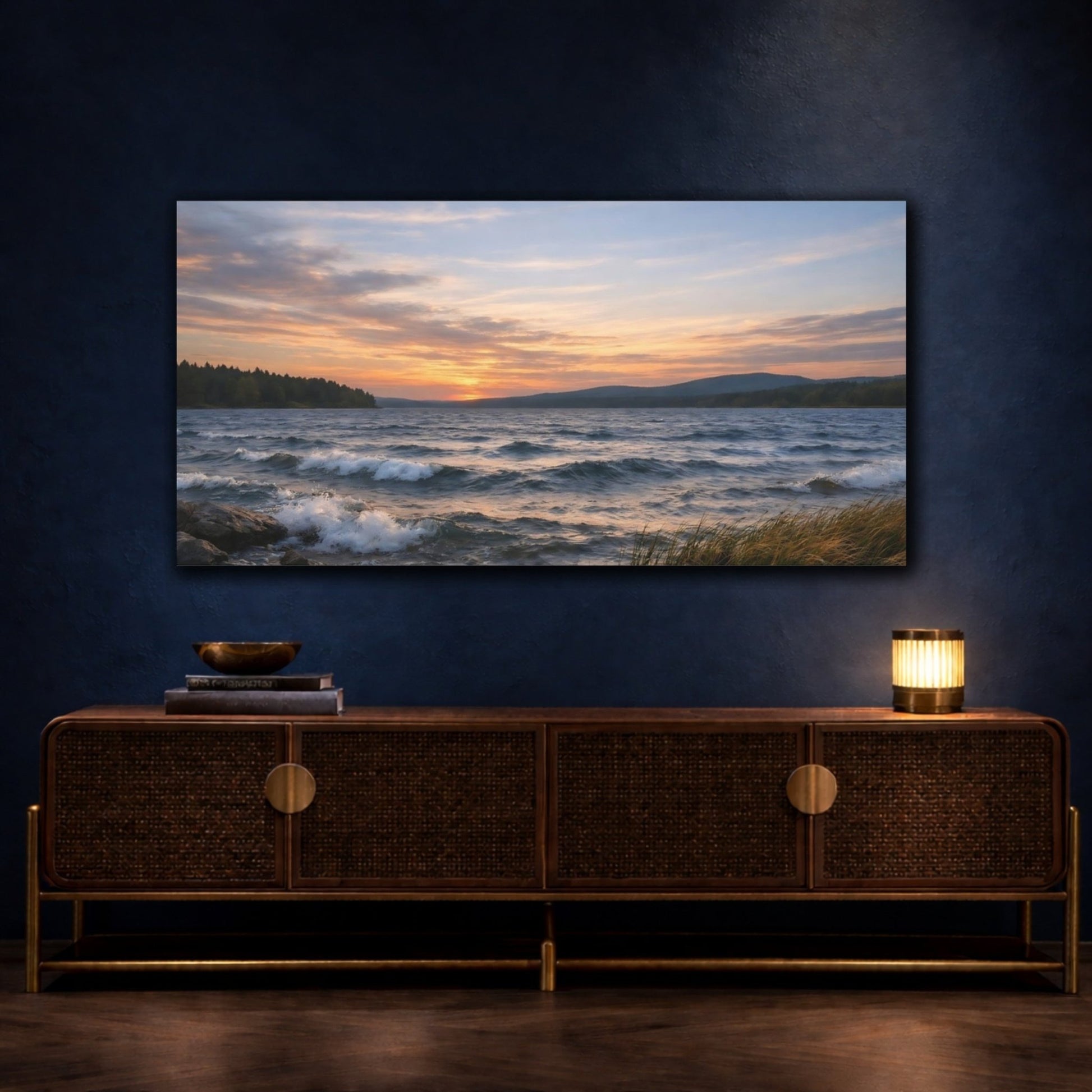 Nature Lake Sunset Orange Blue Landscape - Canvas Wall Art Print - YesArtYes