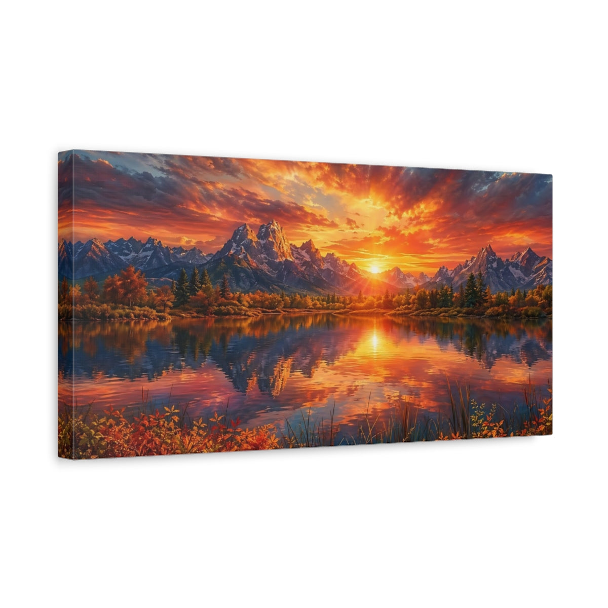 Side Mockup 3. Nature Lake Sunset Orange Sunset Lake shown as stretched canvas wall art