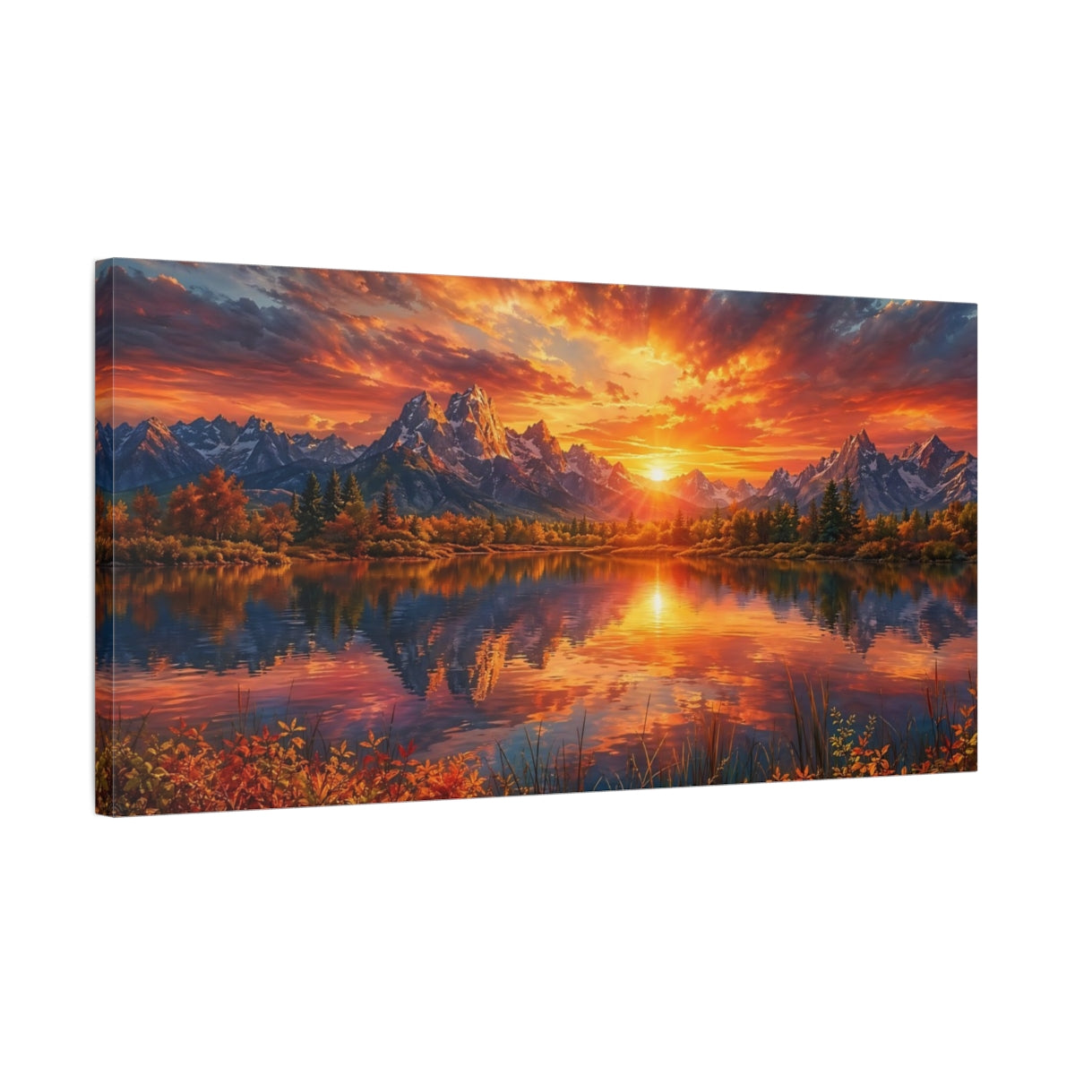Side Mockup 1. Nature Lake Sunset Orange Sunset Lake shown as stretched canvas wall art