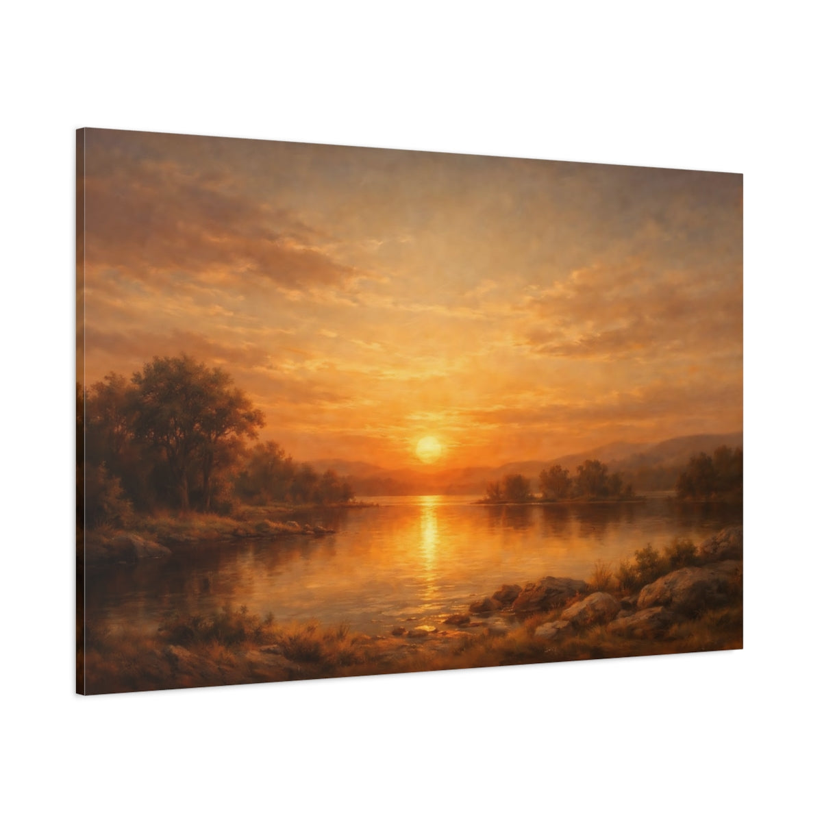 Main Mockup. Nature Lake Sunset Orange Sunset Lake shown as stretched canvas wall art