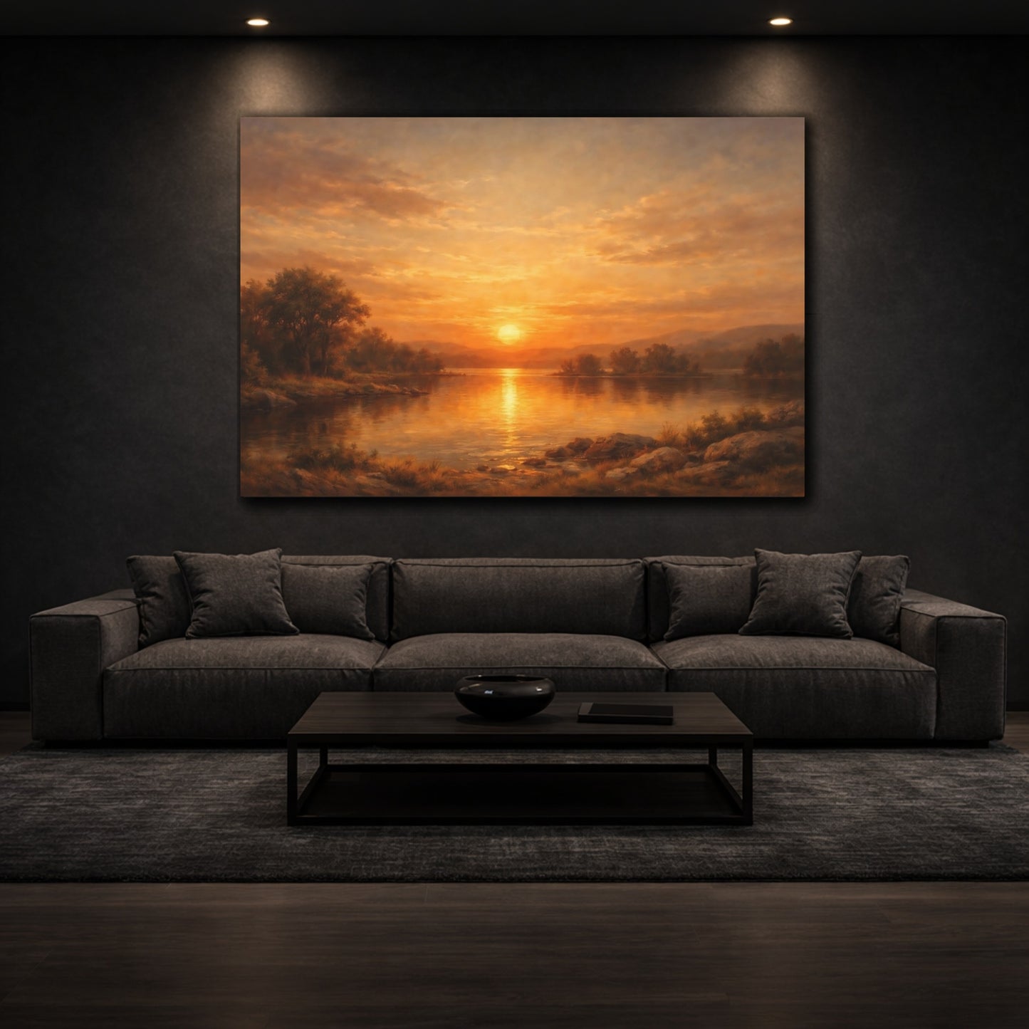 Mockup 2. Nature Lake Sunset Orange Sunset Lake shown as stretched canvas wall art