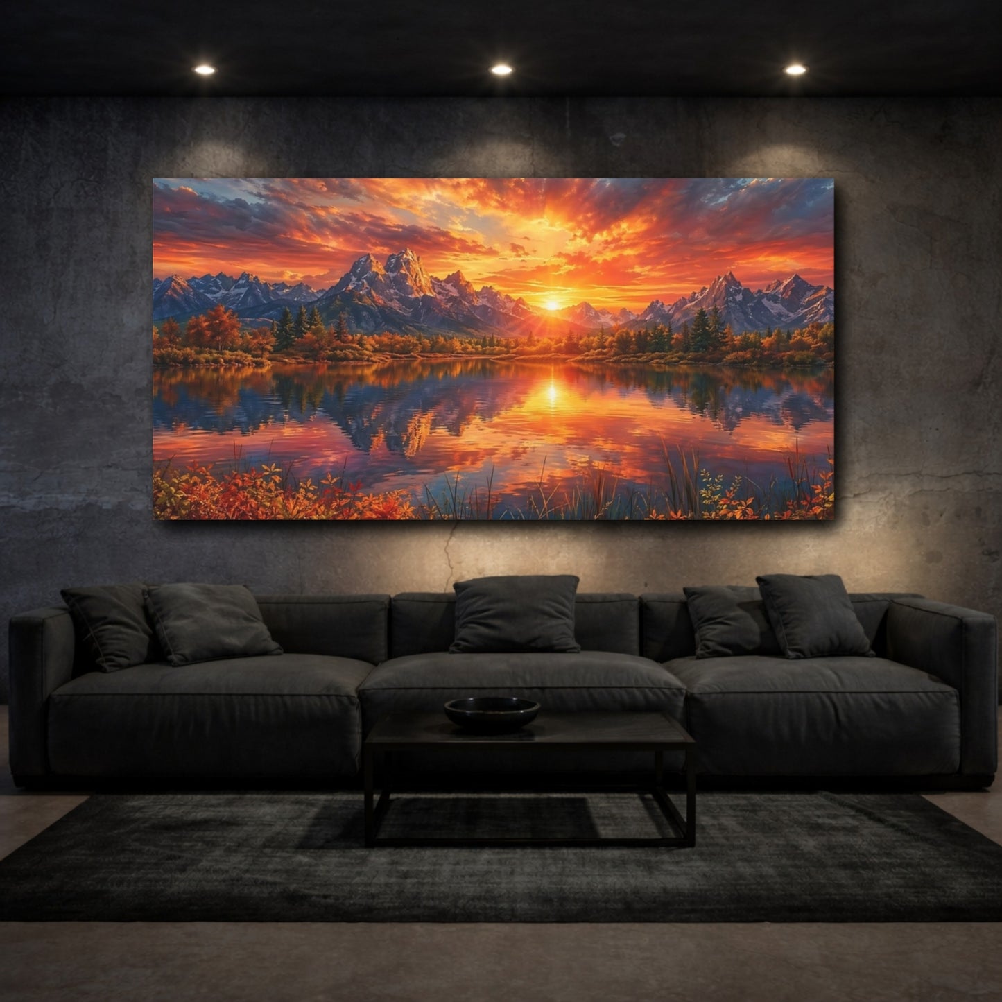 Mockup 2. Nature Lake Sunset Orange Sunset Lake shown as stretched canvas wall art