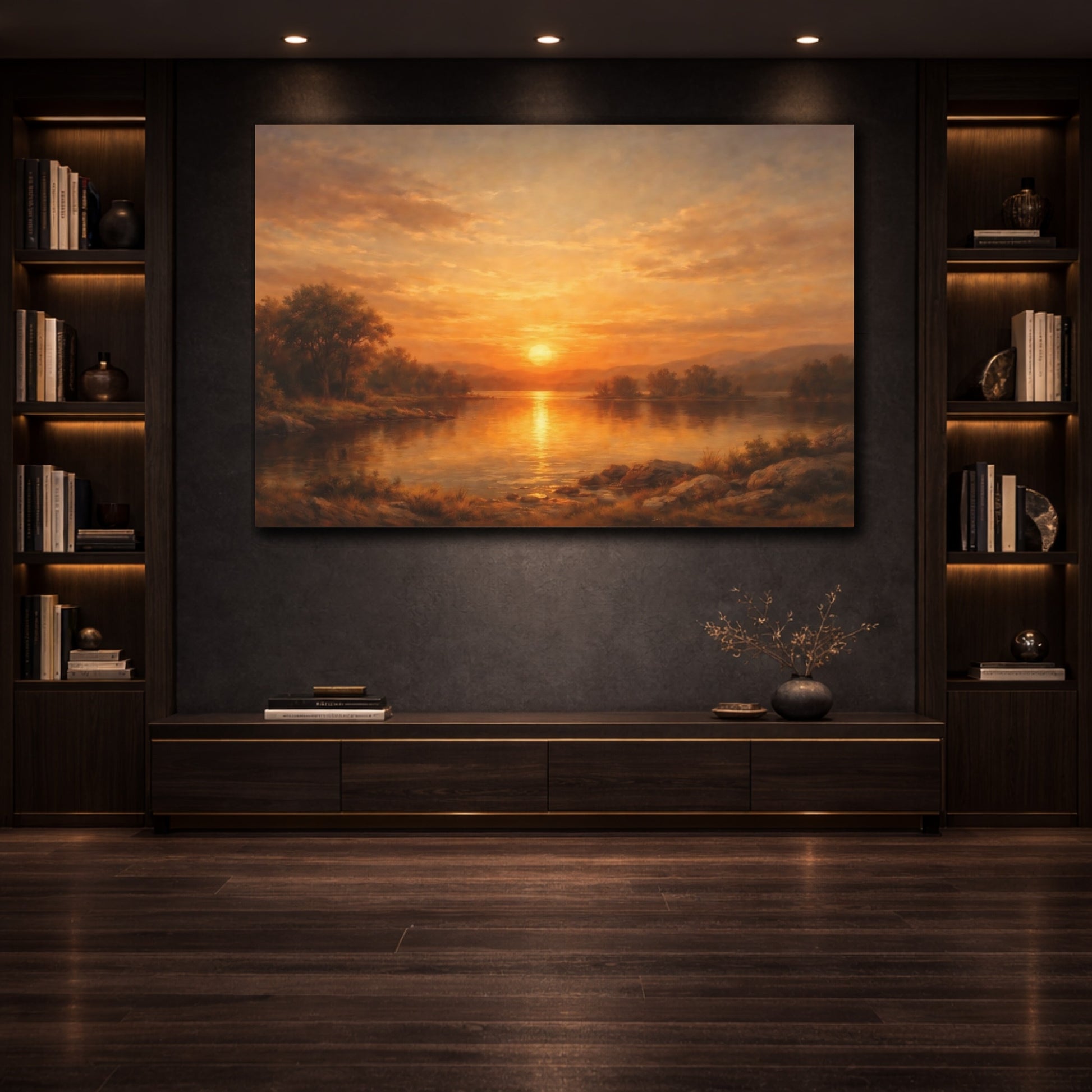 Mockup 3. Nature Lake Sunset Orange Sunset Lake shown as stretched canvas wall art