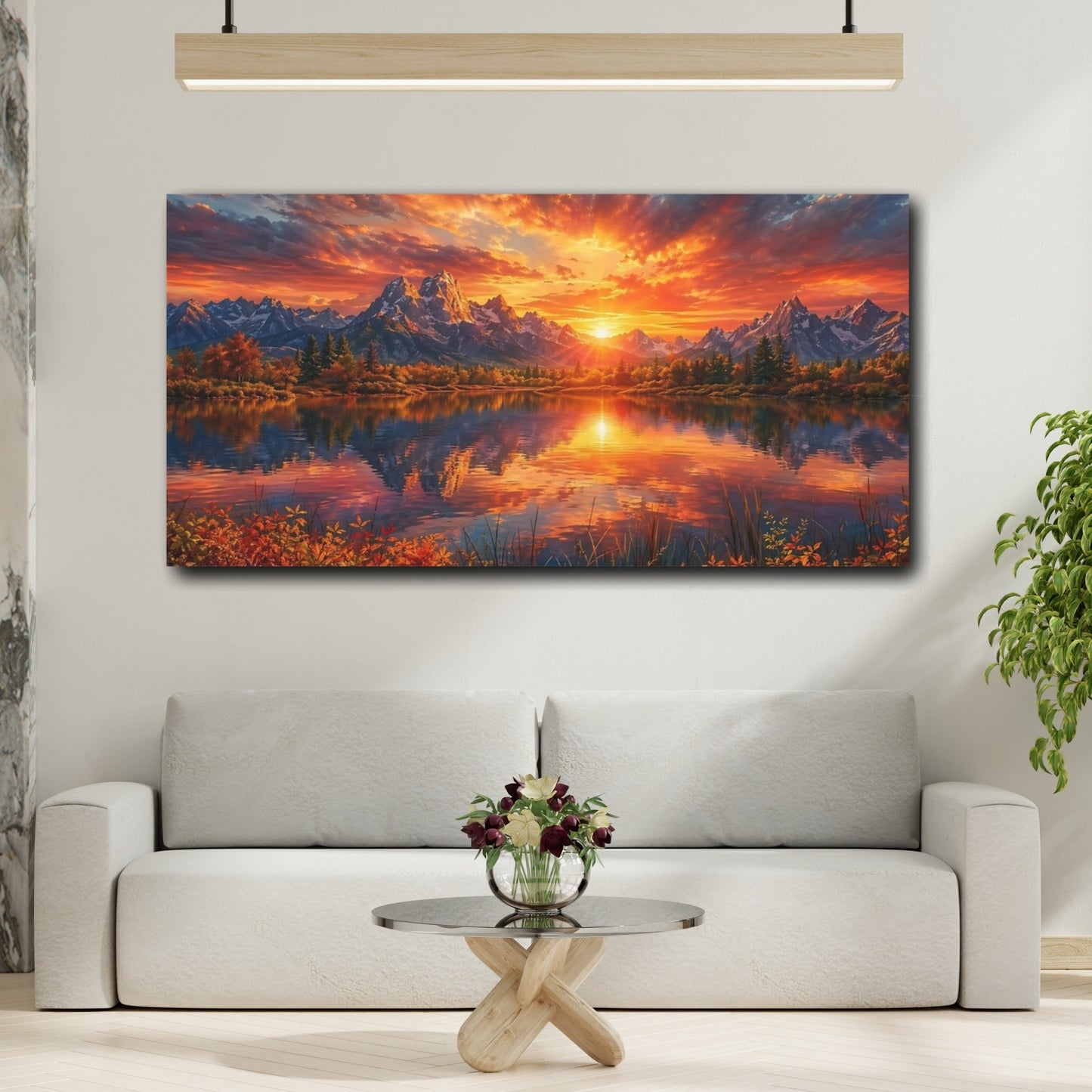 Mockup 3. Nature Lake Sunset Orange Sunset Lake shown as stretched canvas wall art