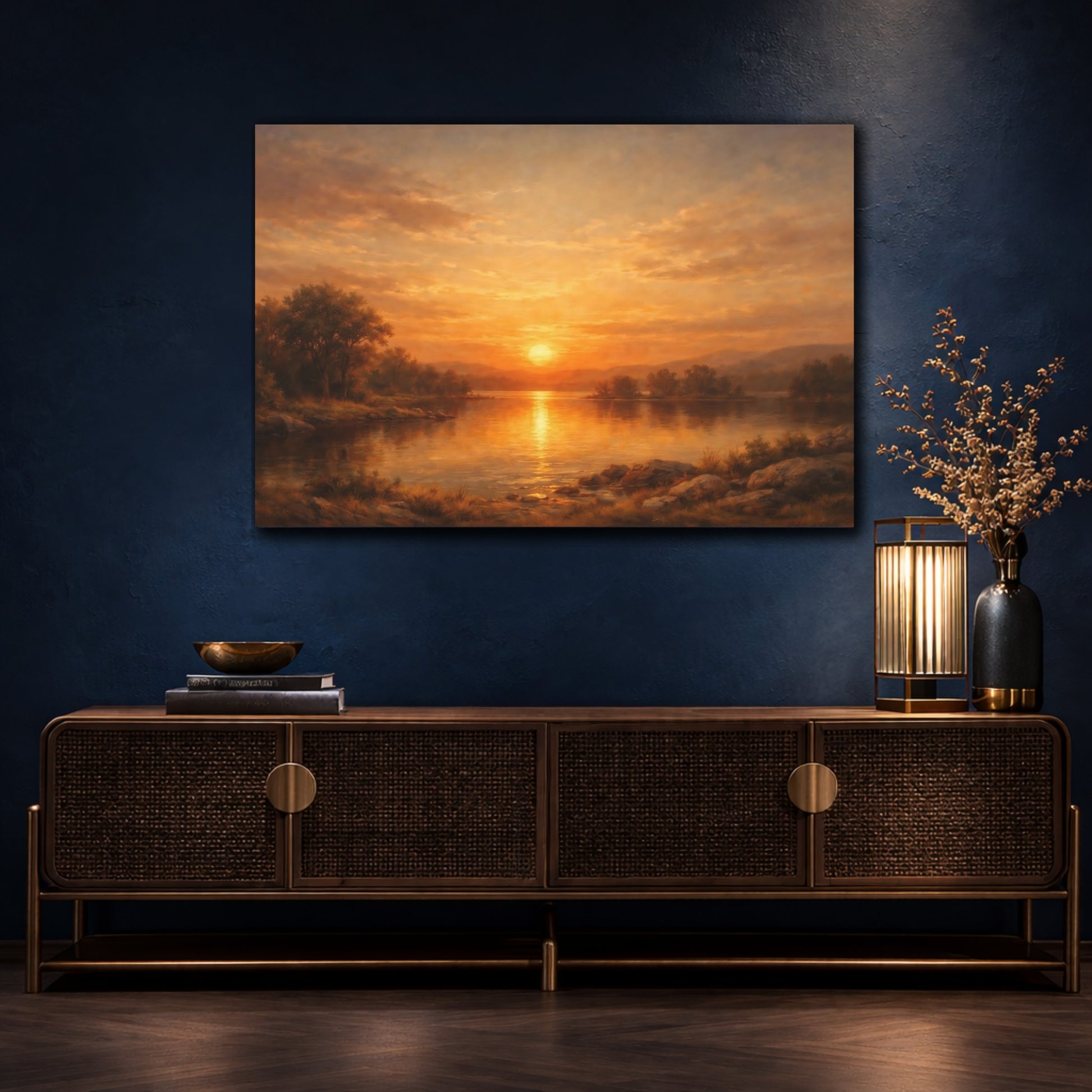 Mockup 4. Nature Lake Sunset Orange Sunset Lake shown as stretched canvas wall art